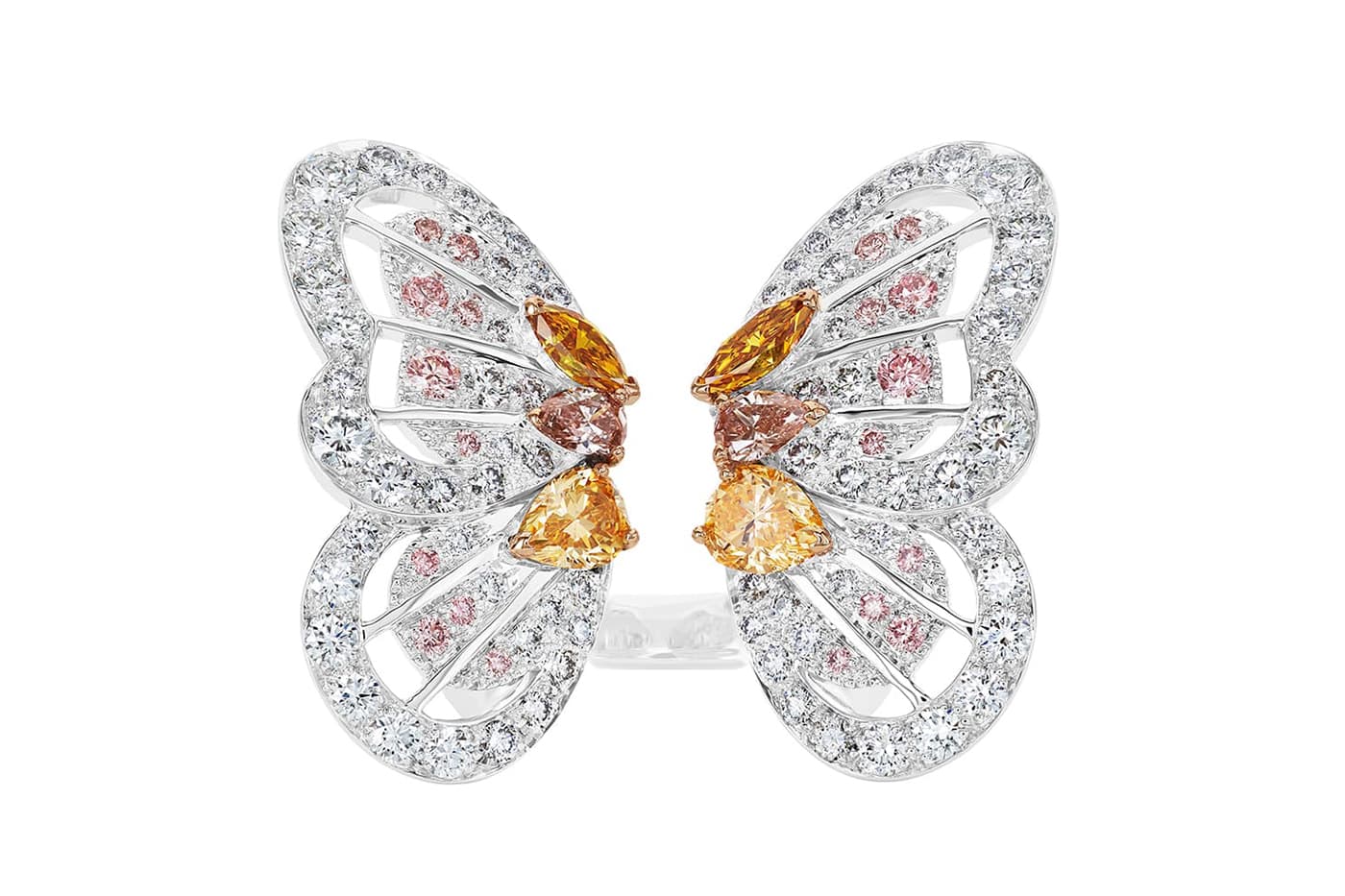  De Beers Monarch Butterfly ring with fancy colour and white diamonds in white gold 