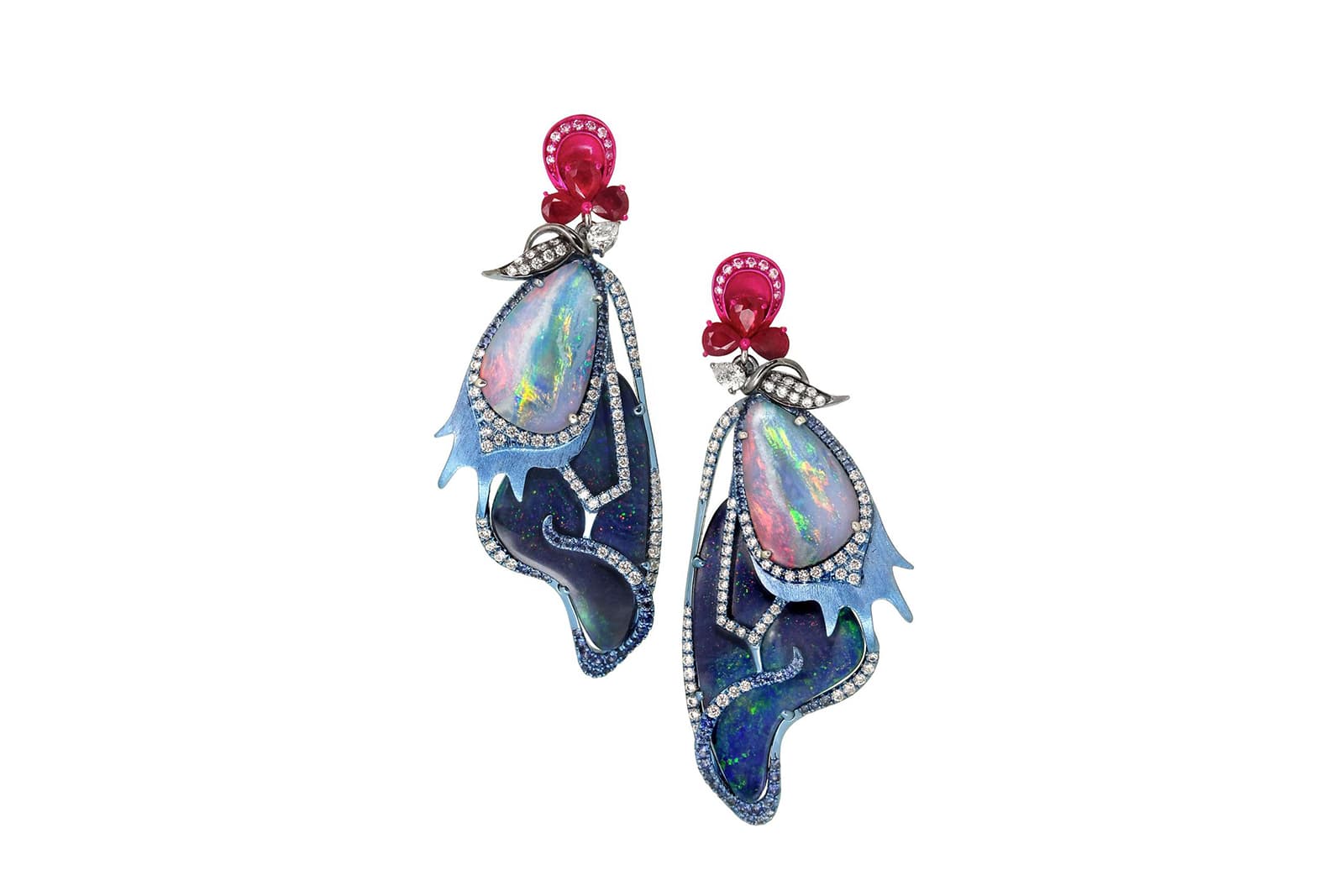  Austy Lee Blue Morpho earrings with opals, rubies, blue sapphires and white diamonds in rhodium blue gold 