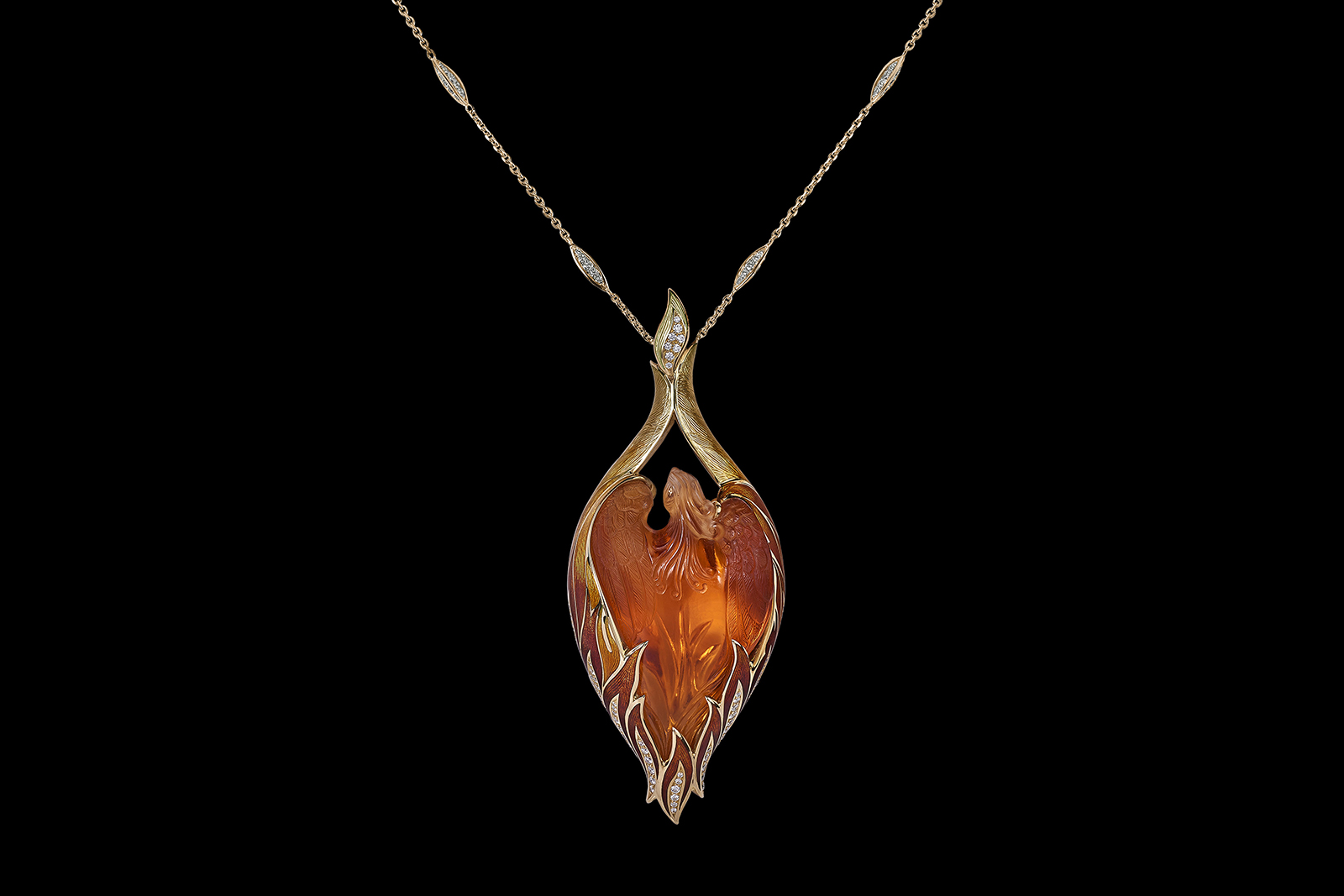  Henn of London Phoenix Rising pendant with a 56.80 carat carved citrine, diamonds and enamel in 18k yellow gold