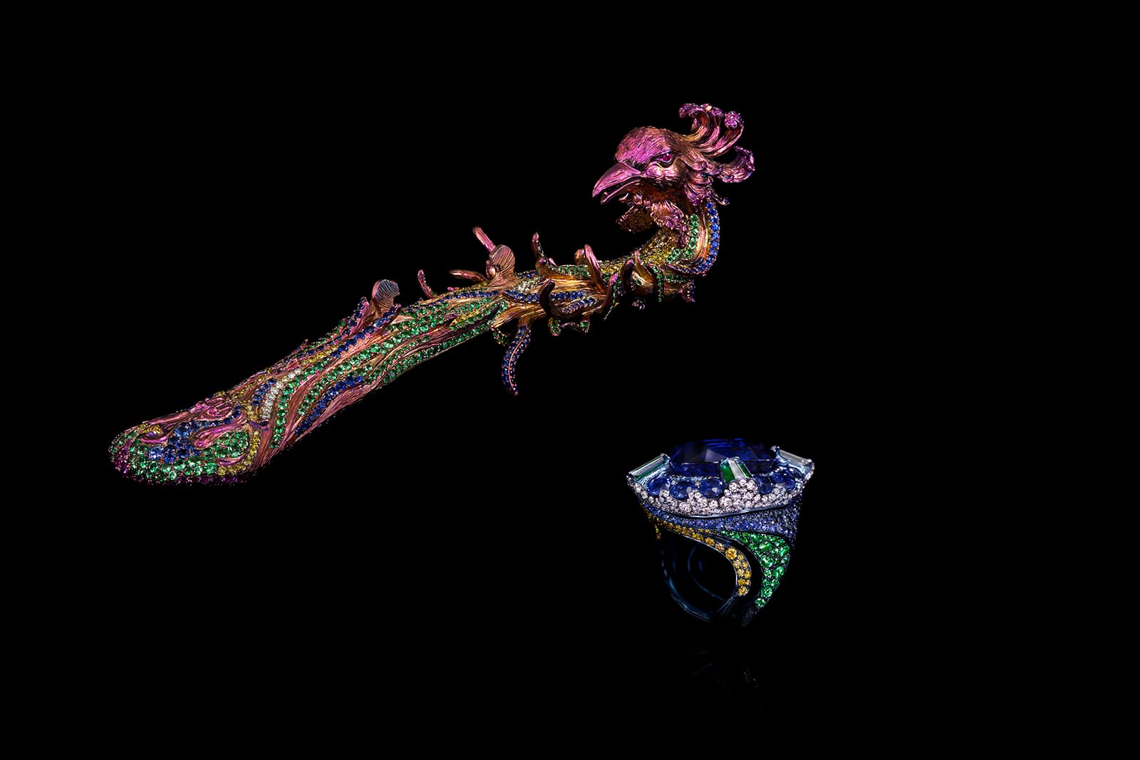  Wallace Chan transforming The Phoenix Dance ring with fancy coloured diamonds, sapphires, rubies, jadeite, lapis lazuli beads, tsavorites and garnets