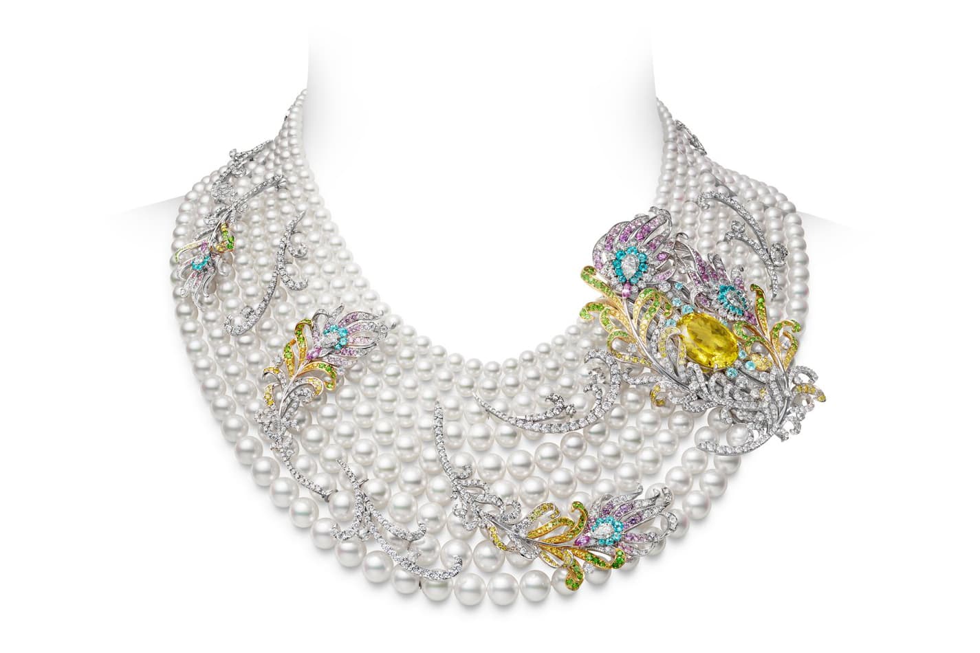  Mikimoto pearl necklace with feather accents, coloured gemstones and diamonds