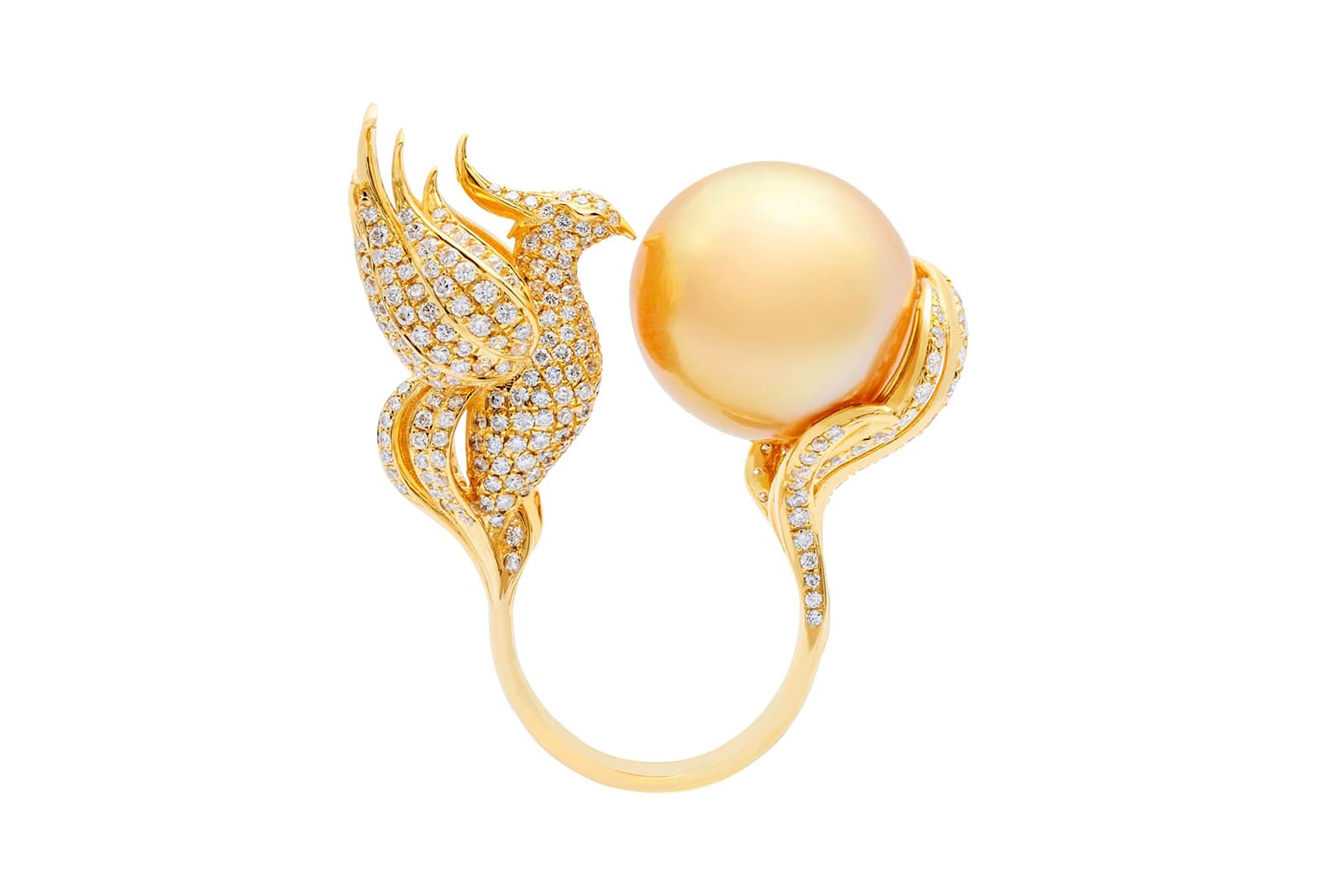  Sara Sze Golden Phoenix ring with a South Sea pearl and diamonds