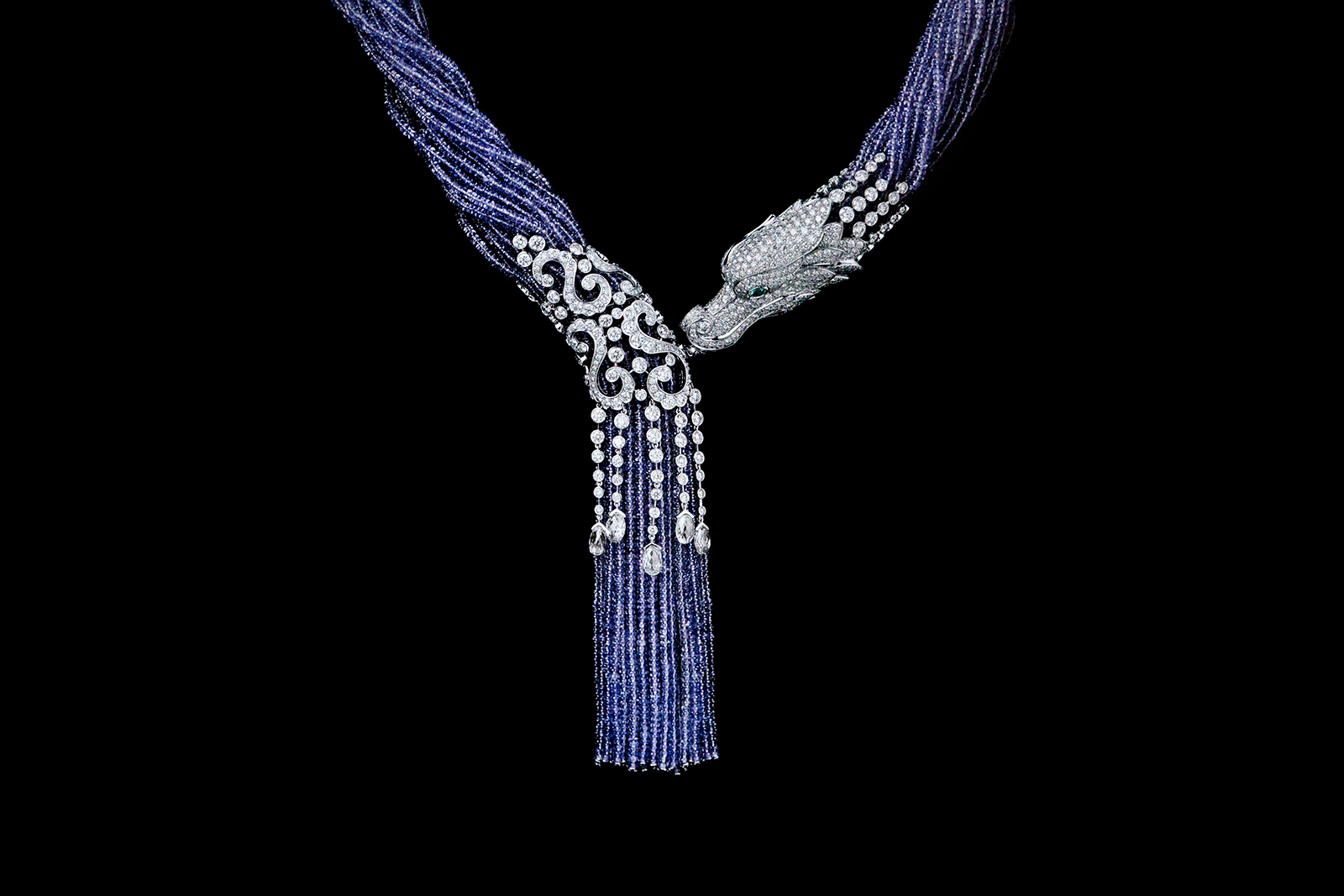  Cartier Dragon necklace in platinum with diamonds and tanzanite beads 