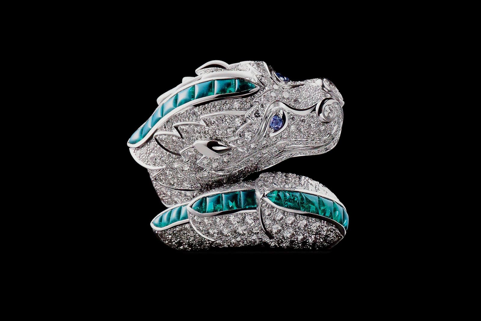  Cartier Dragon ring with diamonds and shades of blue gemstones 