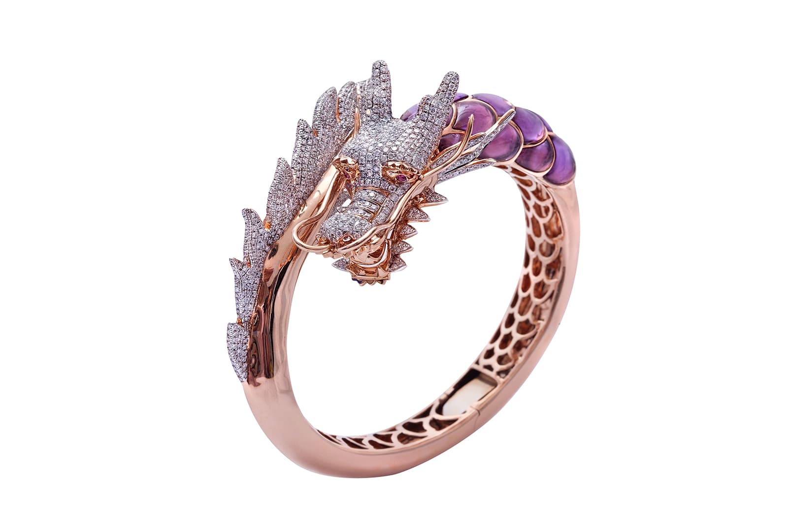 Ilaria Lanzoni Dragon bracelet in 18k rose gold with amethyst and diamonds