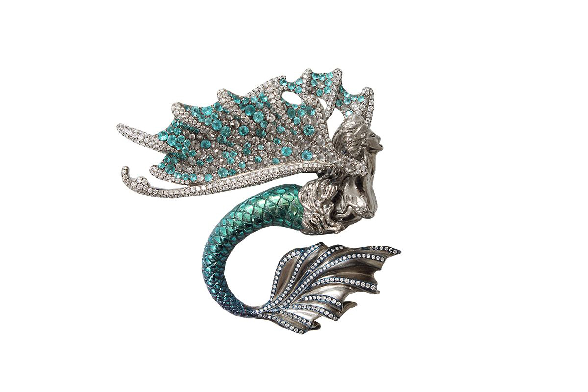  Arunashi Mermaid brooch with diamonds and Paraiba tourmalines 