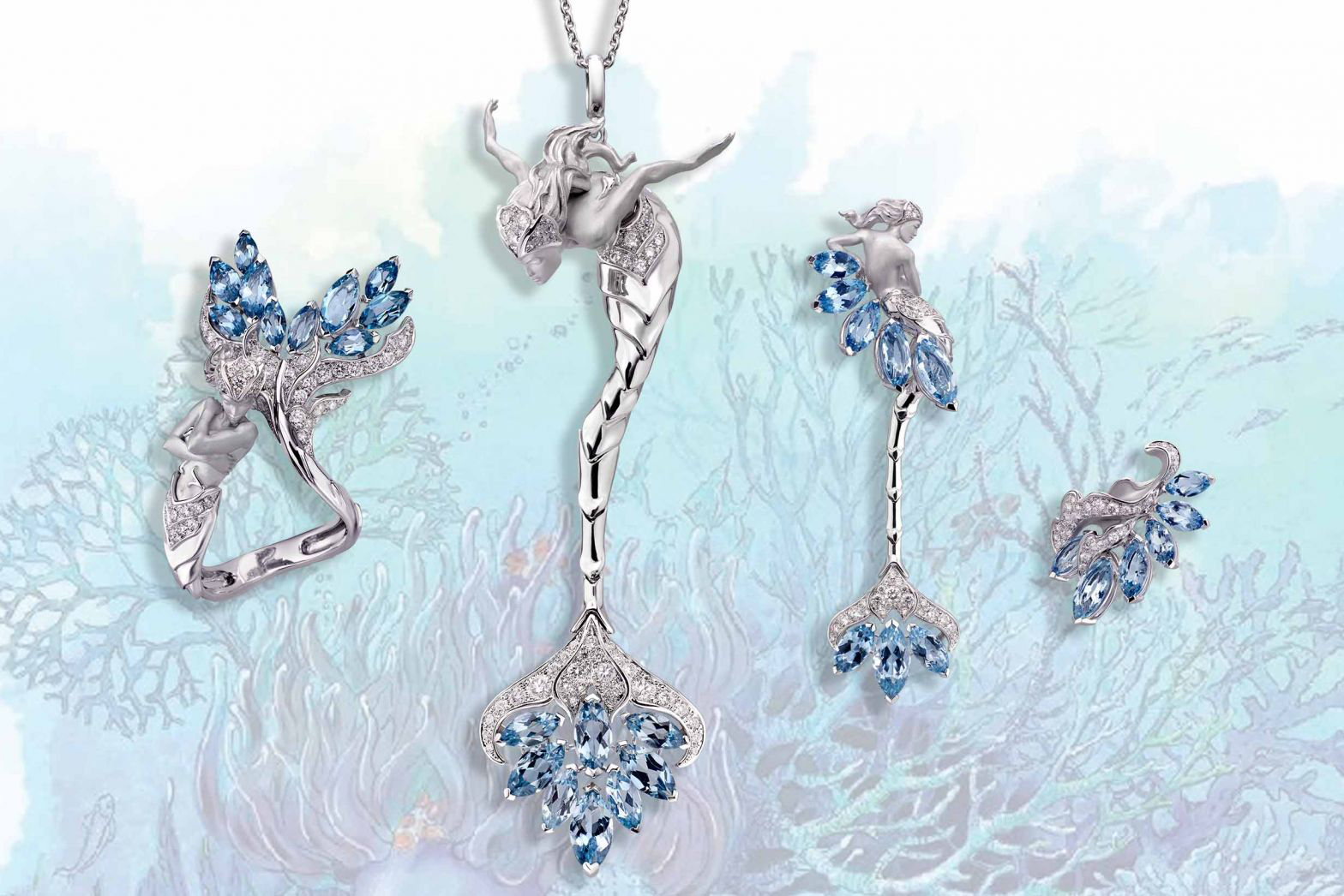  Mermaid-inspired pieces from the Magerit Elements collection with aquamarines and diamonds