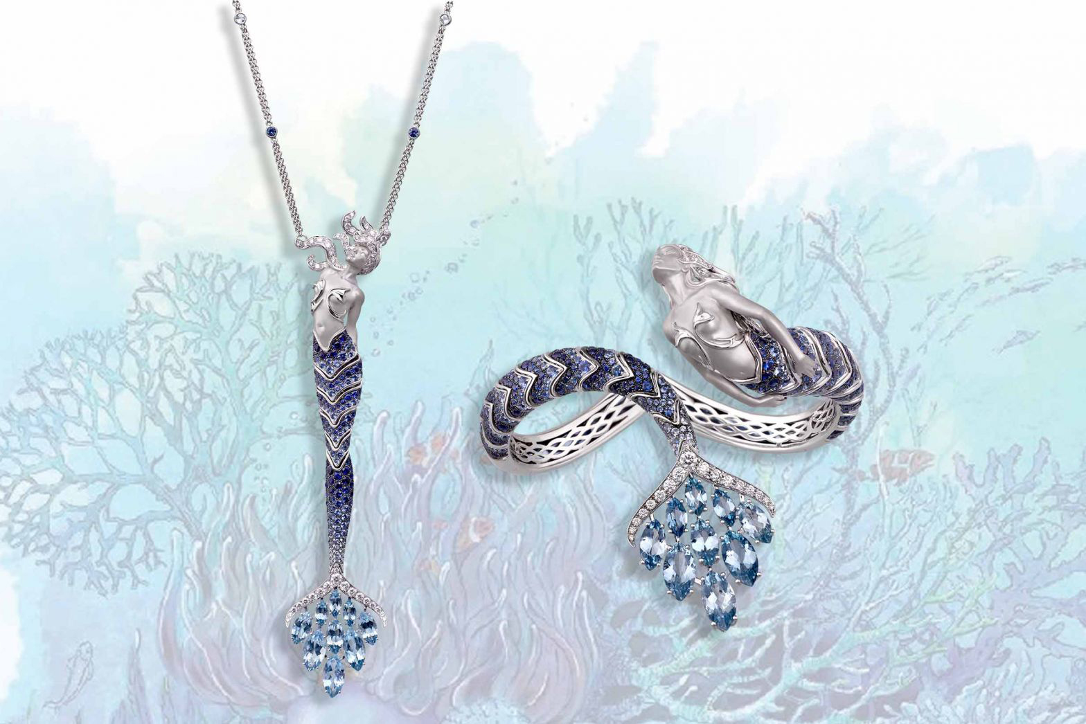 Magerit Elements collection pendant and bracelet with sapphires and aquamarines