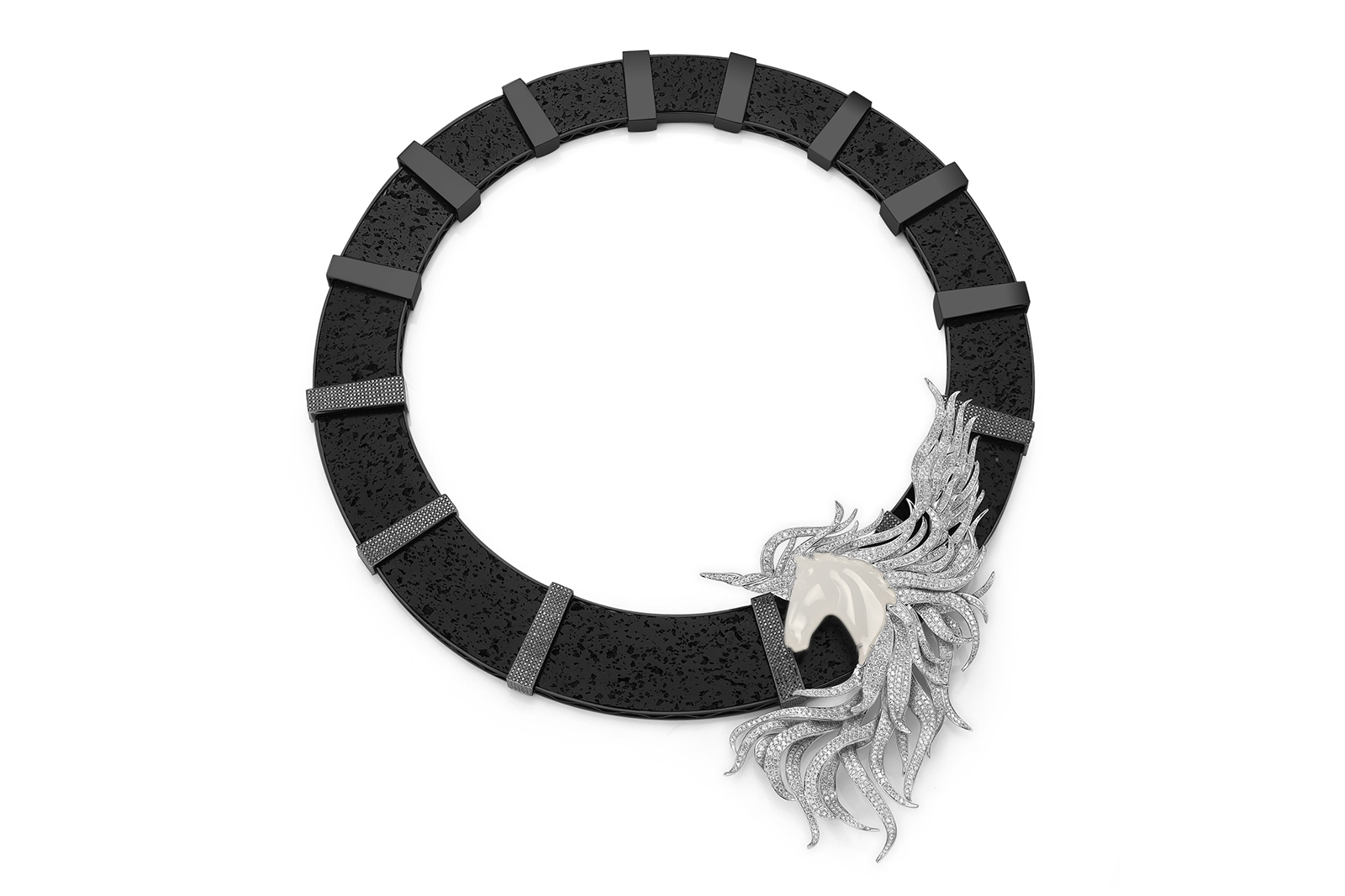  Fei Liu Unicorn necklace crafted in volcanic rock with a detachable carved jade and diamond brooch
