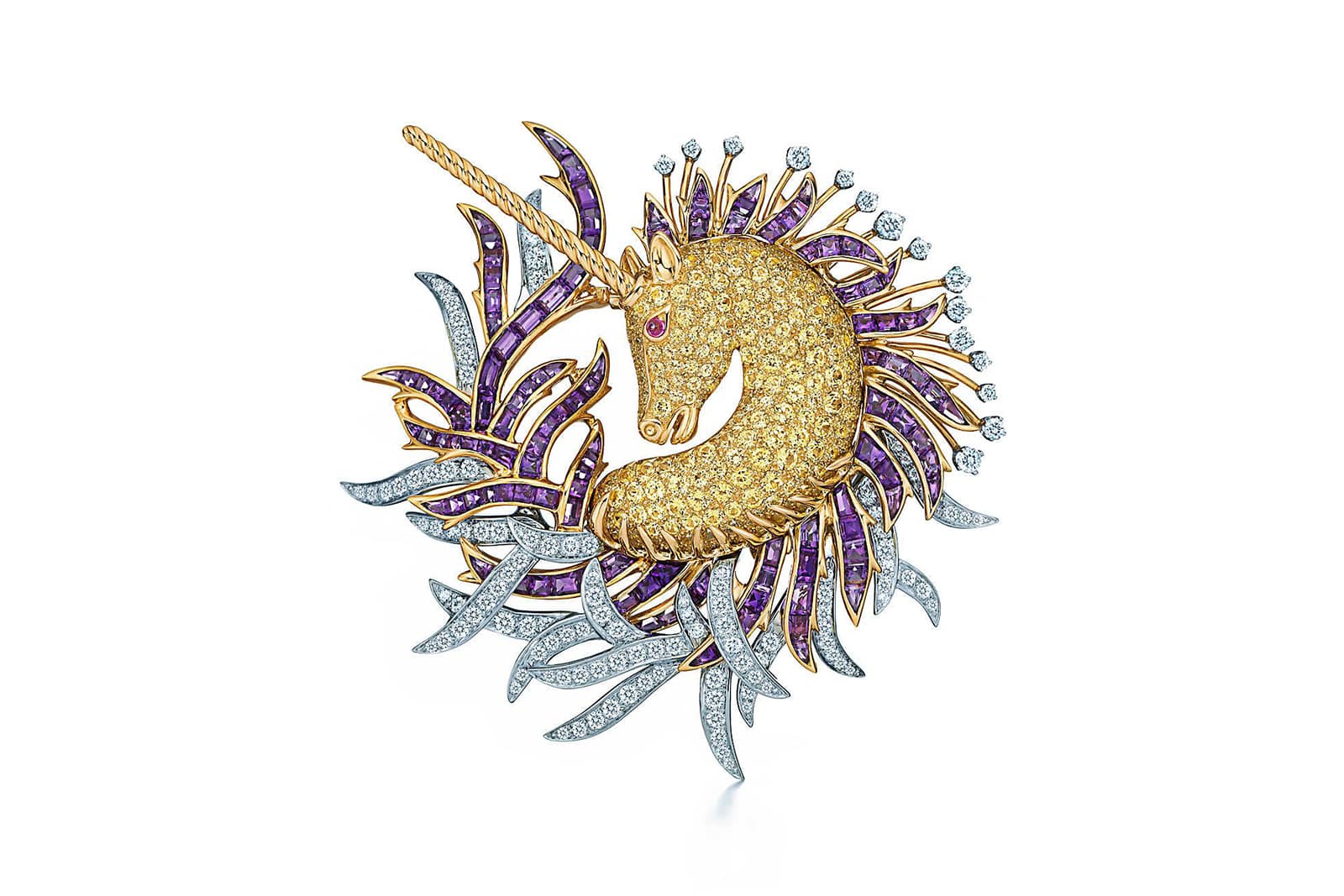  Schlumberger Unicorn brooch with yellow sapphires and amethysts 