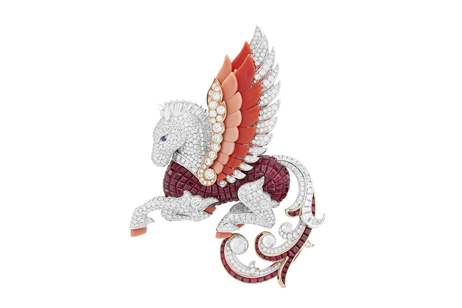  Van Cleef & Arpels Arche de Noé Pégase clip brooch with round, baguette-cut and rose-cut diamonds, violet sapphires, rubies, coral and 'Mystery Set' rubies