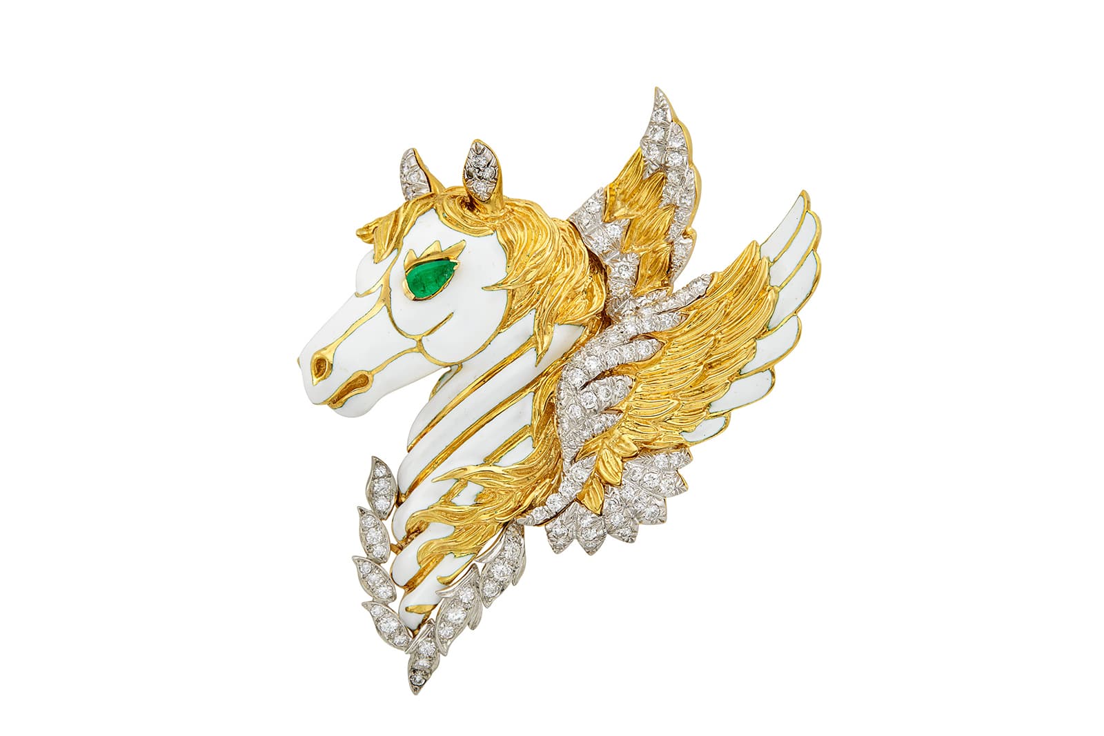  David Webb Pegasus brooch with white enamel, diamonds and a pear-shaped emerald eye in 18k yellow gold 