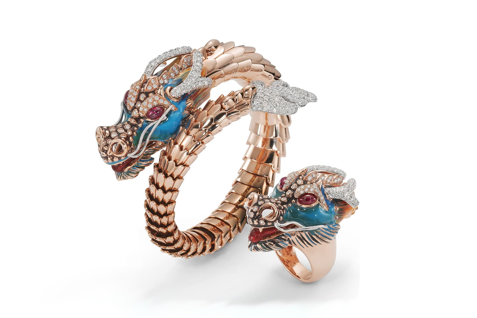  Roberto Coin Dragon bracelet and ring with blue enamel and diamonds in 18k yellow gold 