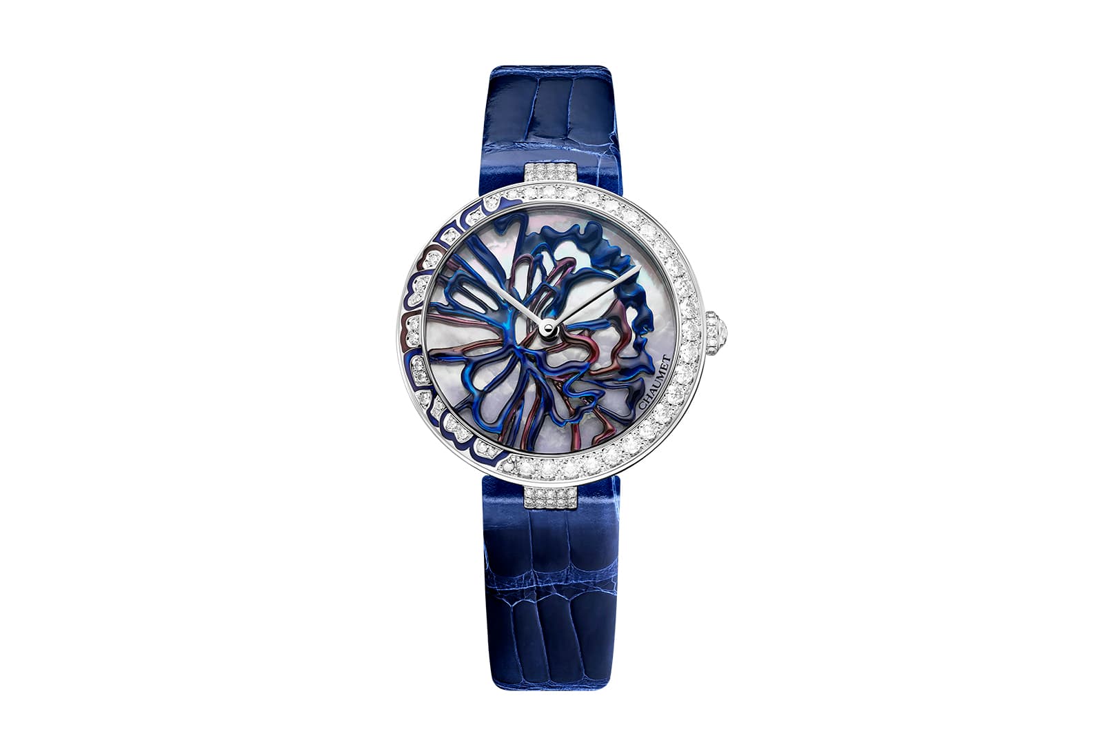  Chaumet in Bloom Esquisse de Chaumet self-winding mechanical watch with diamonds, blue lacquer, mother-of-pearl, hand-painted ranunculus décor and a blue alligator leather strap