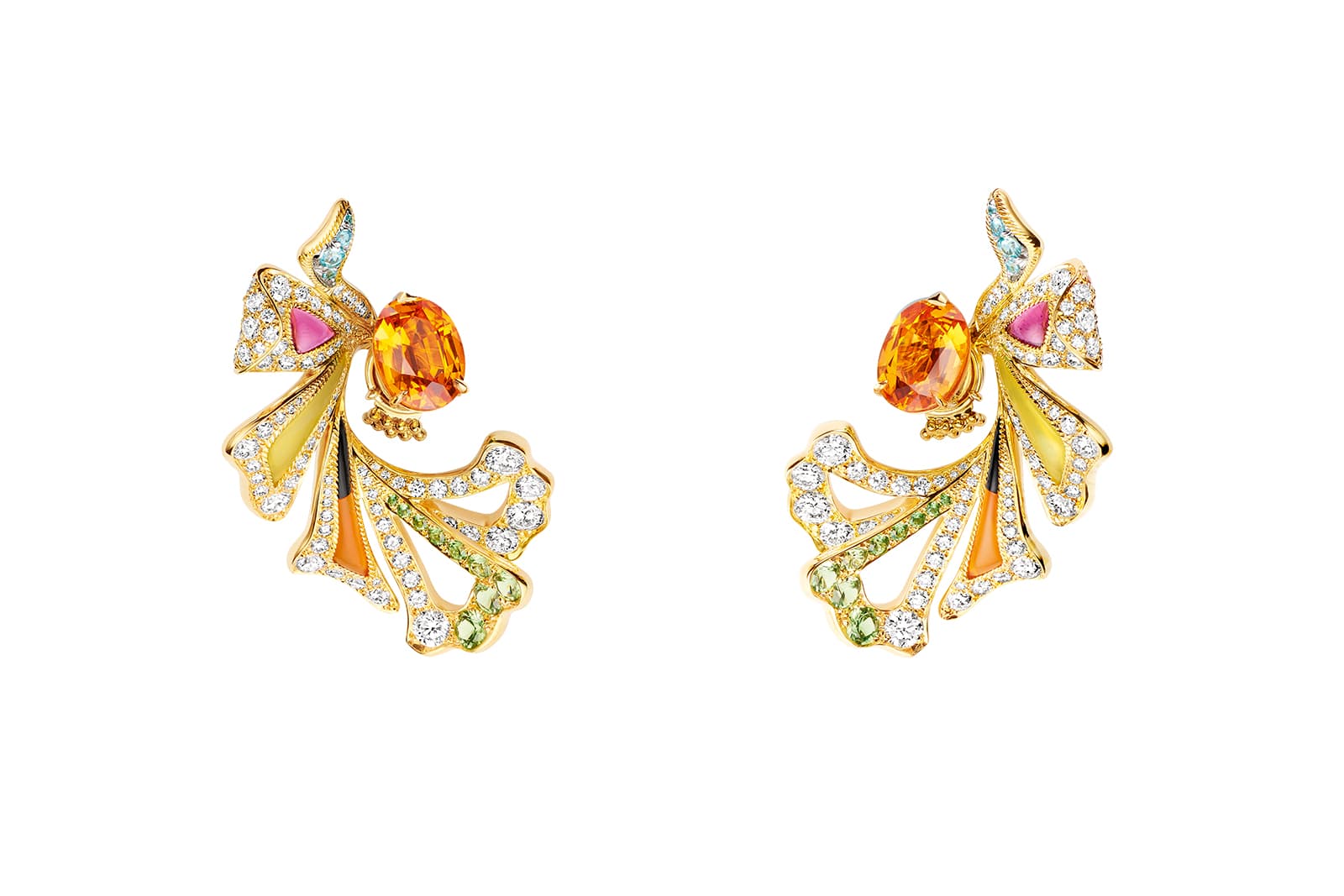  Chaumet in Bloom Éclosion de Chaumet earrings in yellow gold, set with two oval-cut Mandarin garnets of approximately 2.40 carats, tsavorite garnets, Paraiba tourmaline, yellow agate, carnelian, onyx, rubellite and diamonds