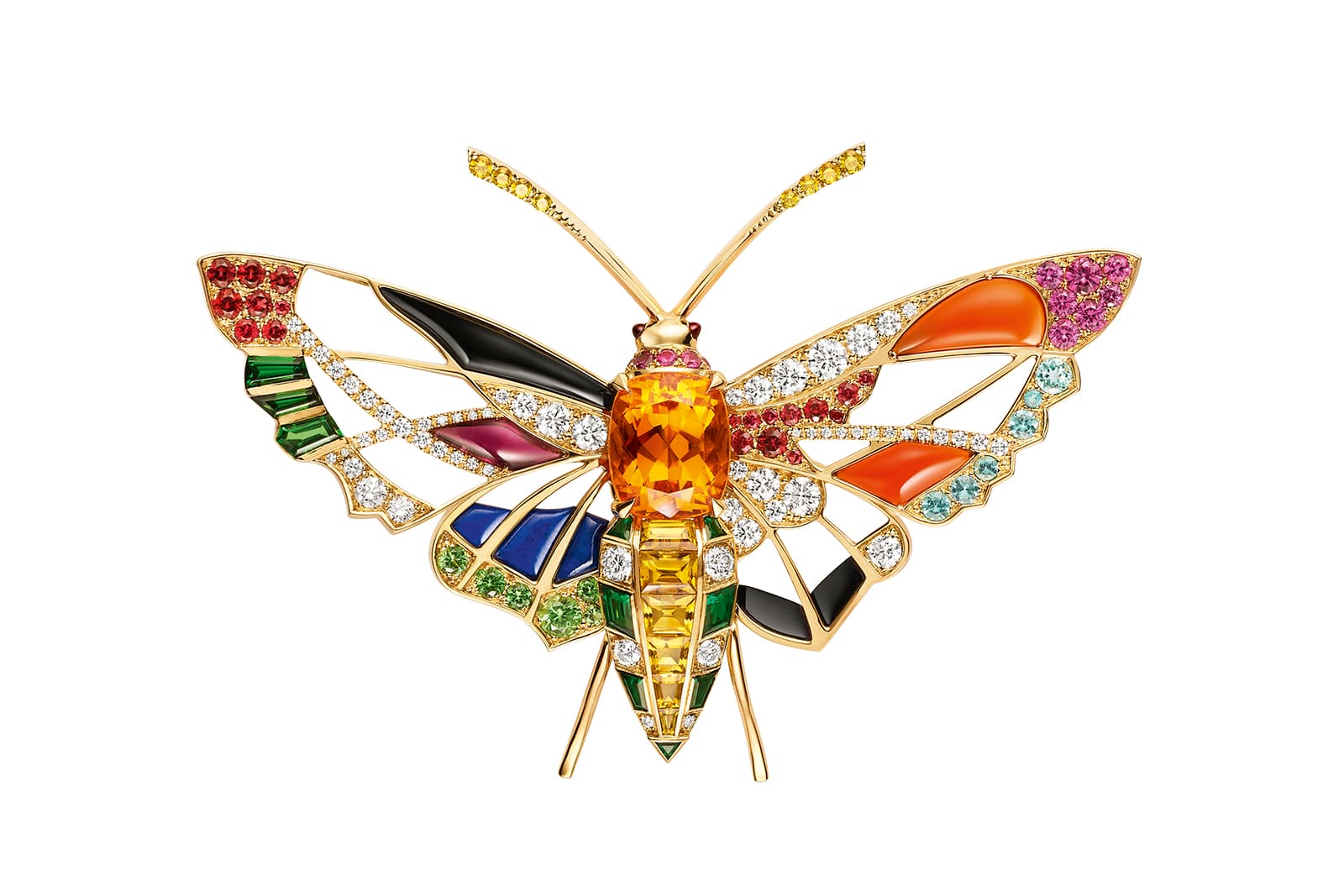 Chaumet in Bloom Éclosion de Chaumet butterfly brooch in yellow gold, set with a 5.30 carat cushion-cut Mandarin garnet, yellow and pink sapphires, red spinels, Paraiba and green tourmalines, tsavorite garnets, emeralds, lapis lazuli, onyx, carnelian, rubellite and diamonds