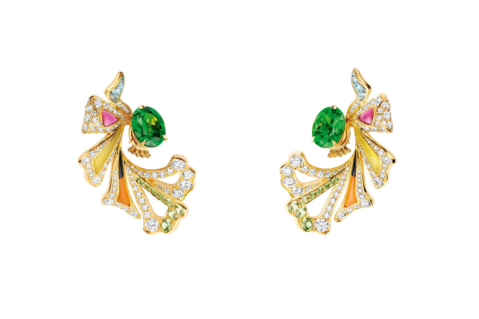  Chaumet in Bloom Éclosion de Chaumet earrings in yellow gold, set with two oval-cut tsavorite garnets of approximately 2.50 carats, Paraiba tourmaline, yellow agate, tsavorite garnets, carnelian, onyx, rubellite and diamonds