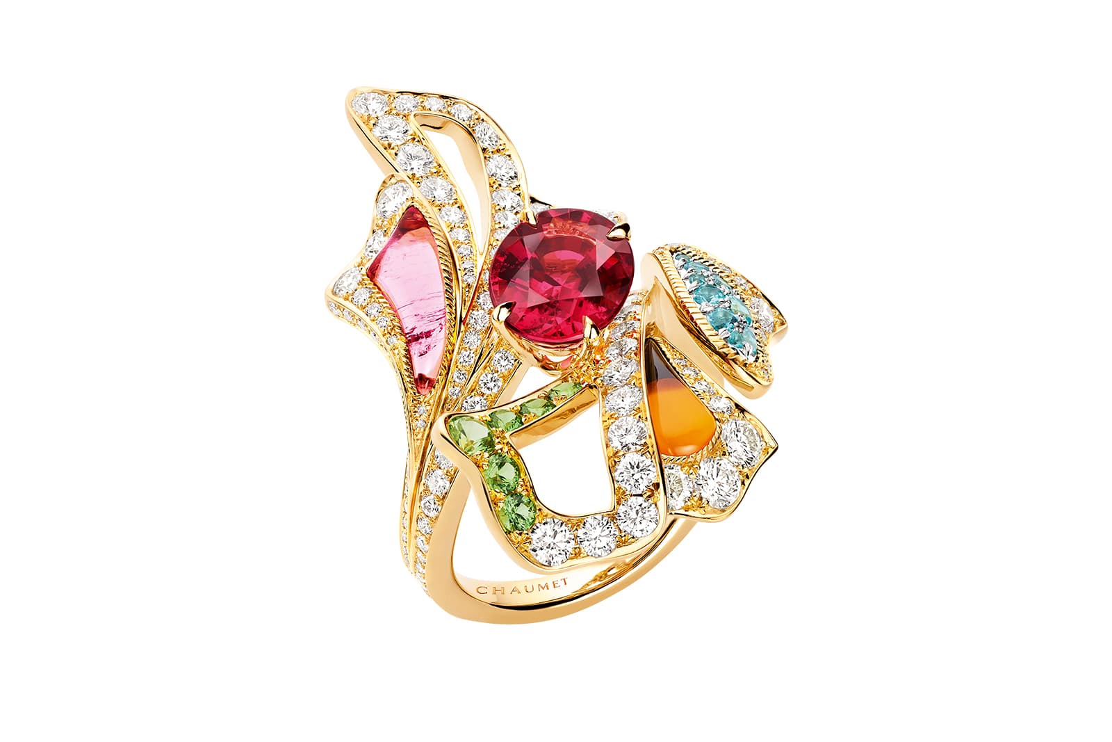  Chaumet in Bloom Éclosion de Chaumet ring in yellow gold, set with a 2.44 carat oval-cut pink spinel, tsavorite garnets, Paraiba tourmalines, carnelian, rubellite, onyx and diamonds