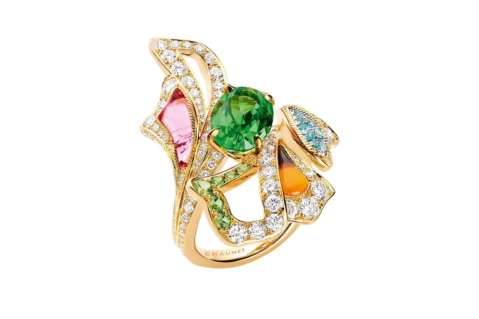  Chaumet in Bloom Éclosion de Chaumet ring in yellow gold, set with a 3.33 carat oval-cut tsavorite garnet, Paraiba tourmaline, carnelian, tsavorite garnets, rubellite, onyx and diamonds