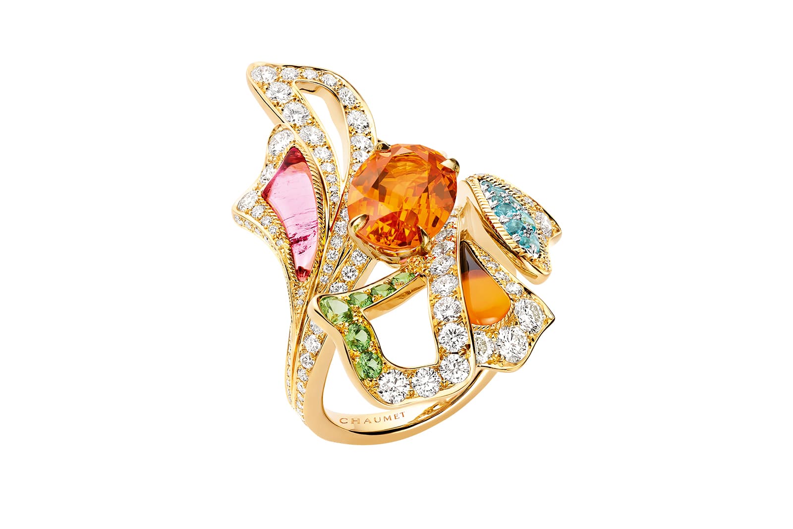  Chaumet in Bloom Éclosion de Chaumet ring in yellow gold, set with a 3.98 carat oval-cut Mandarin garnet, tsavorite garnets, Paraiba tourmalines, carnelian, rubellite, onyx and diamonds