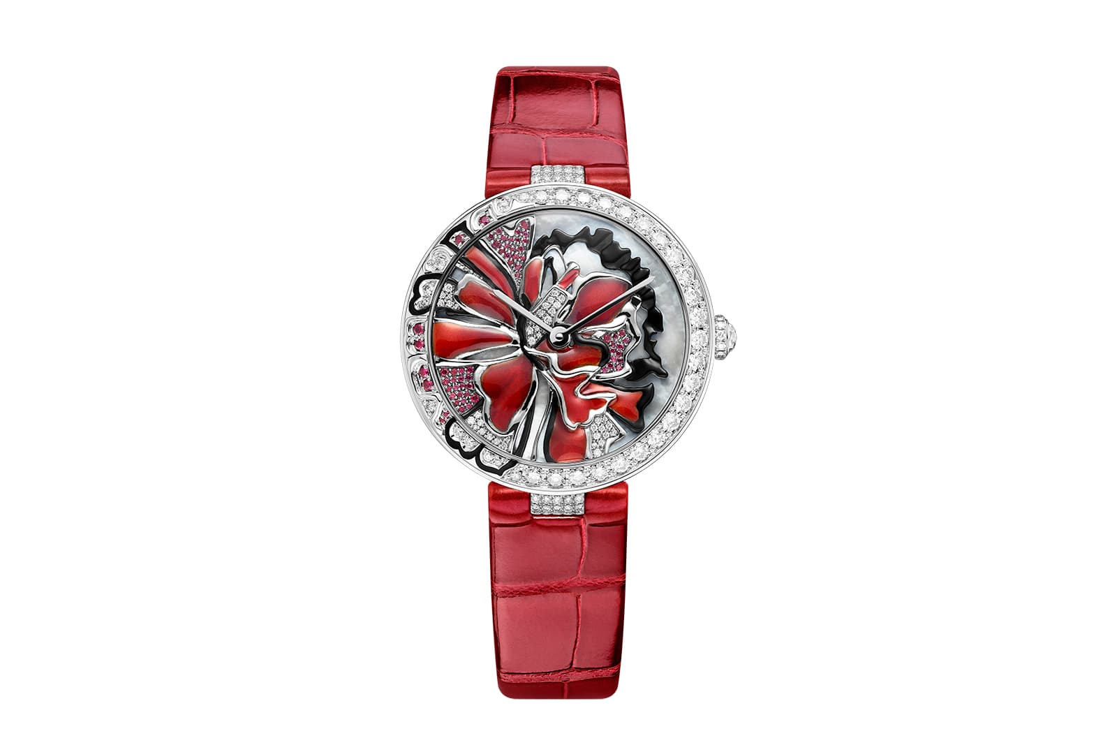  Chaumet in Bloom Éclosion de Chaumet self-winding mechanical watch with diamonds and rubies, black lacquer, gold threads, mother-of-pearl, hand-painted ranunculus décor, Grand Feu Enamel and a red alligator leather strap