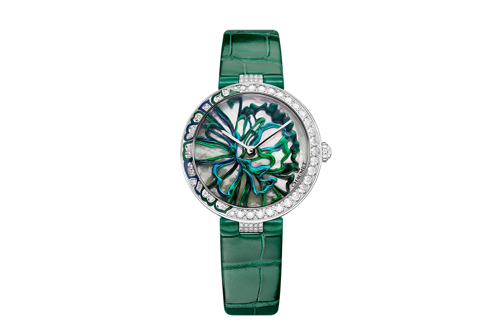 Chaumet in Bloom Éclosion de Chaumet self-winding mechanical watch with diamonds, green lacquer, mother-of-pearl, hand-painted ranunculus décor and a green alligator leather strap