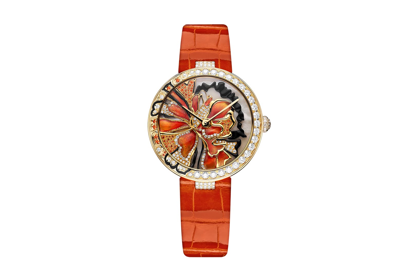  Chaumet in Bloom Éclosion de Chaumet self-winding mechanical watch in yellow gold with diamonds and orange sapphires, black lacquer, gold threads, white mother-of-pearl, hand-painted ranunculus gold décor, covered with ceramic, and an orange alligator leather strap