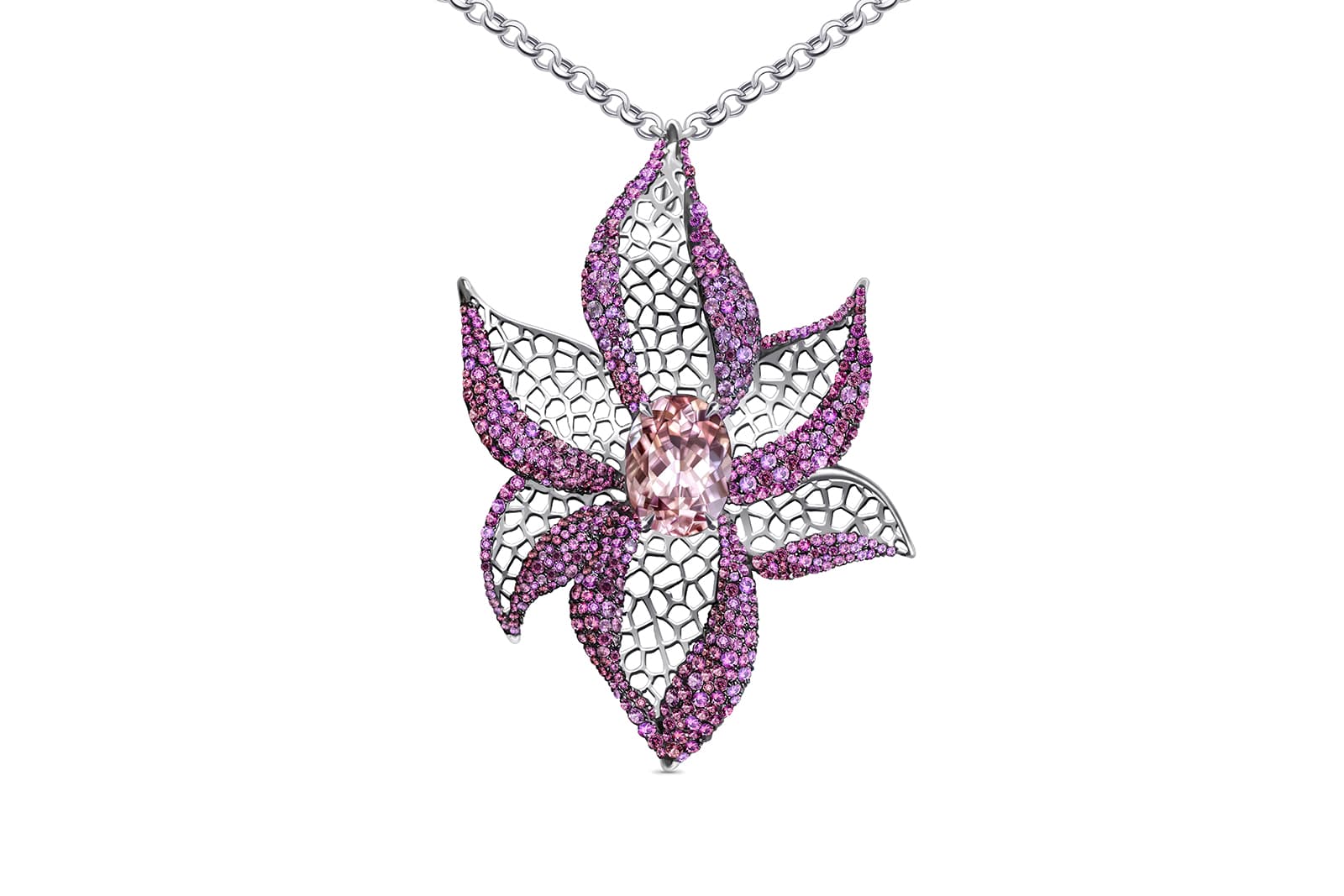  DA Style pendant necklace from the High Jewelry collection with various shades of morganite and rhodolites in black gold