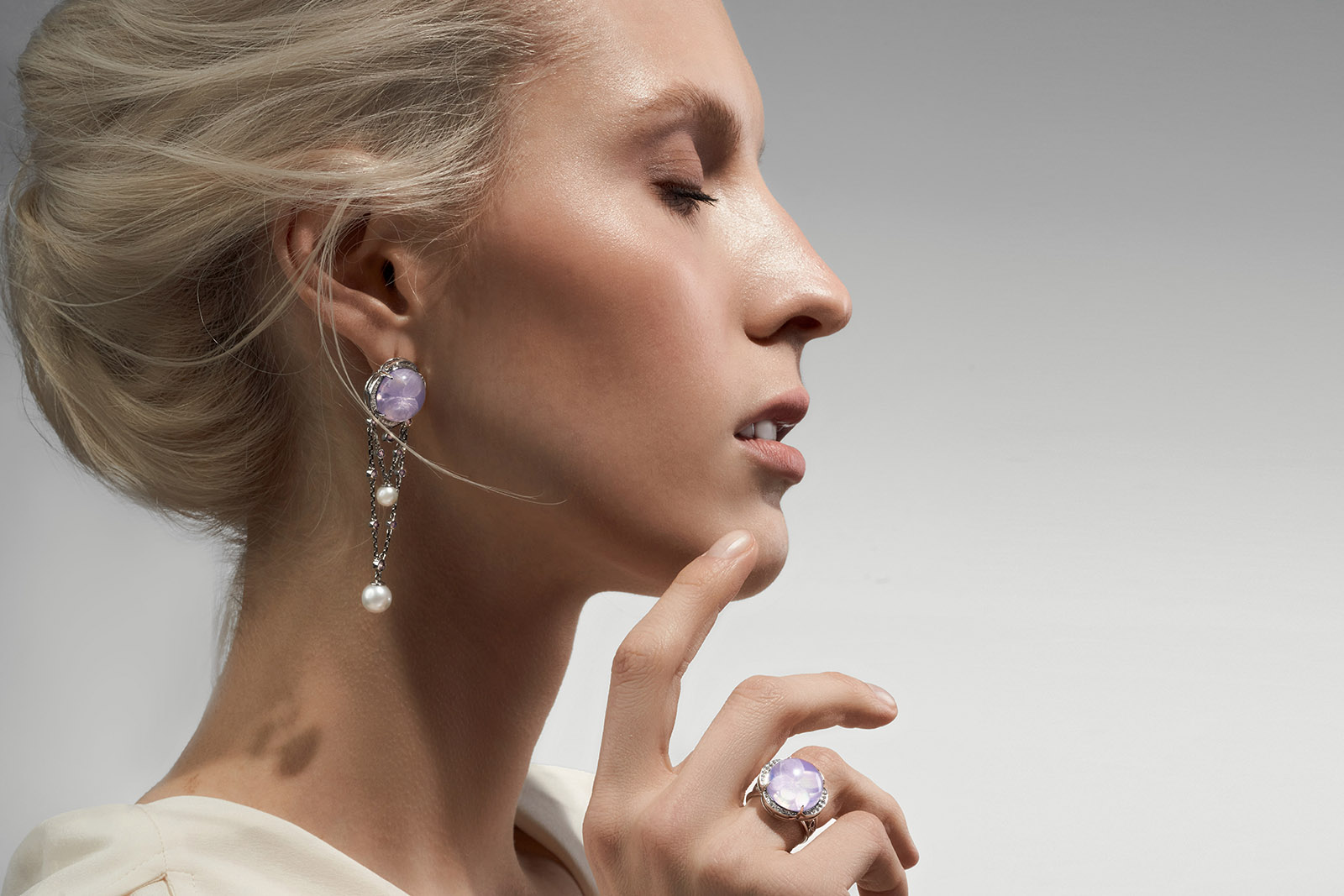 Natasha Libelle Parma Violets collection jewels with amethyst intaglio atop mother-of-pearl