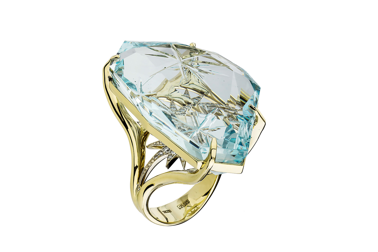  Natasha Libelle one-of-a-kind cocktail ring with a carved gemstone set in yellow gold 