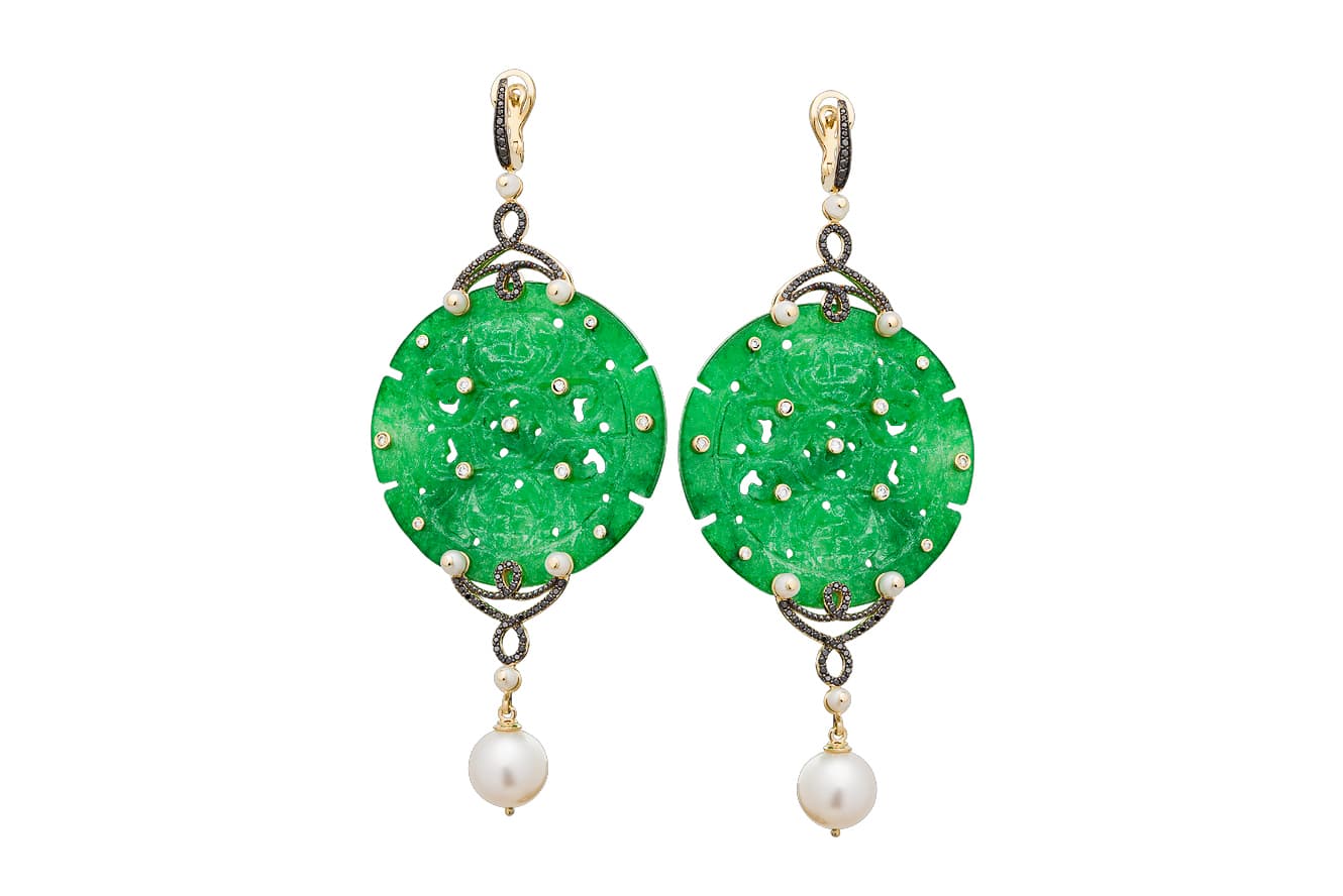  Tulupov Jewelry openwork earrings with carved jadeite, pearls, and white and black diamonds in gold