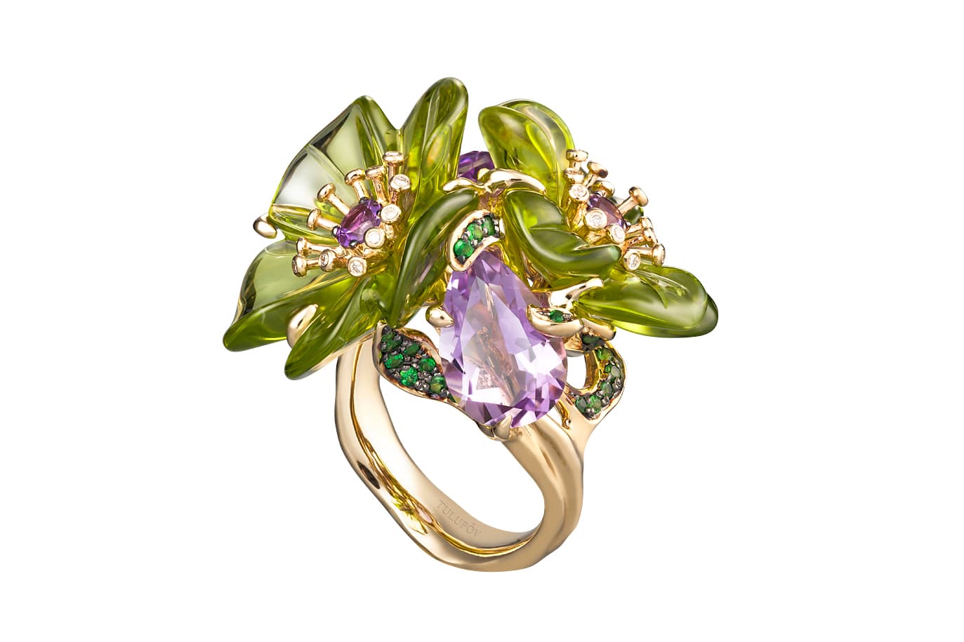  Tulupov Jewelry Green Flower ring with carved chrysolites, amethysts, emeralds and diamonds in yellow gold