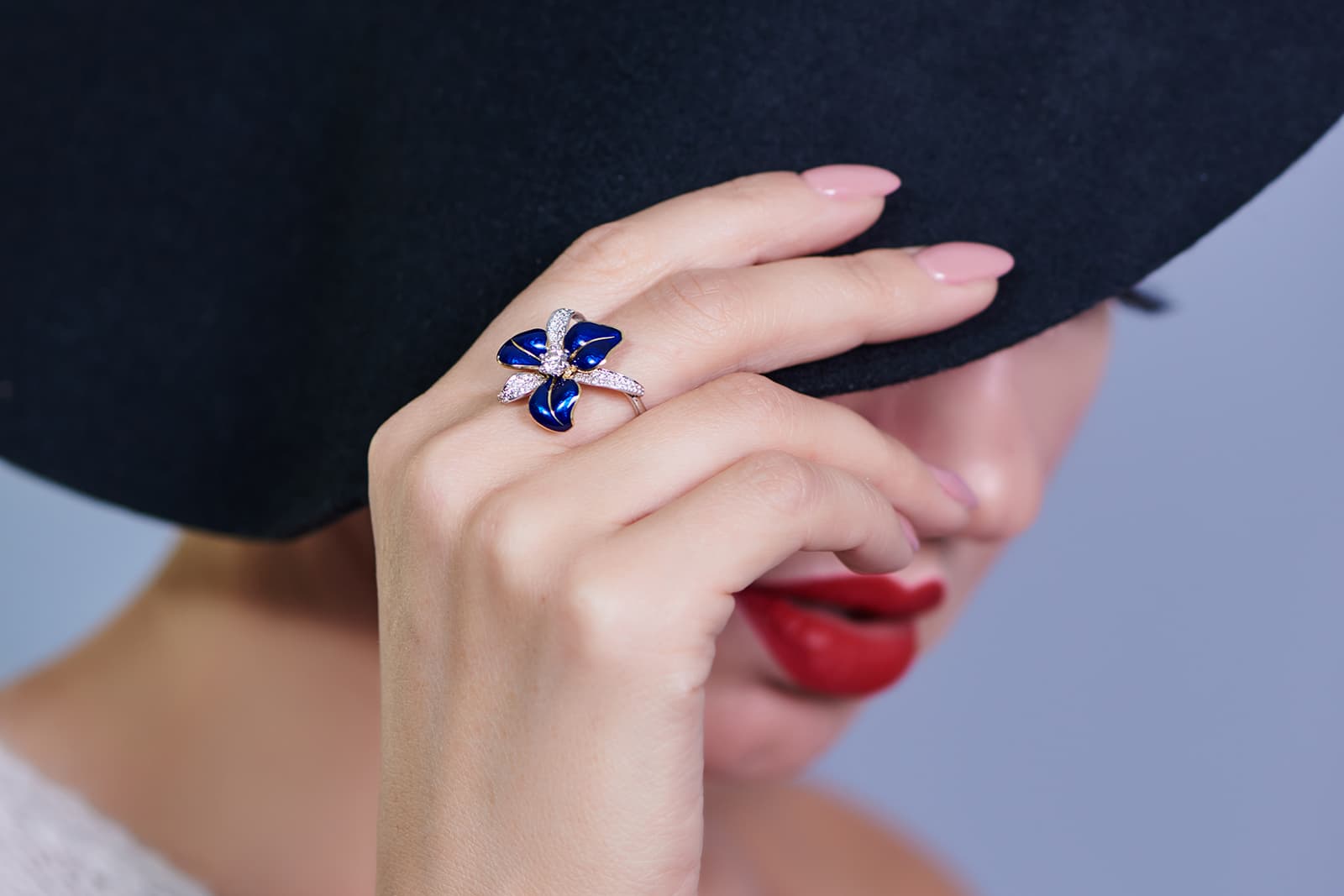  Nikolay Romanov Blue Orchid 28K white gold ring with diamonds and enamel