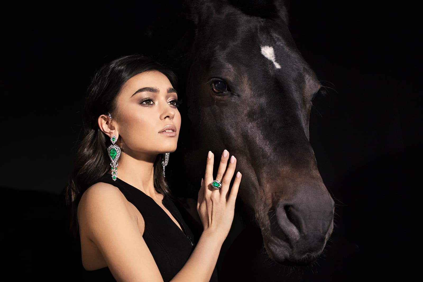 Chamovskikh one-of-a-kind earrings and ring with Zambian emeralds and diamonds