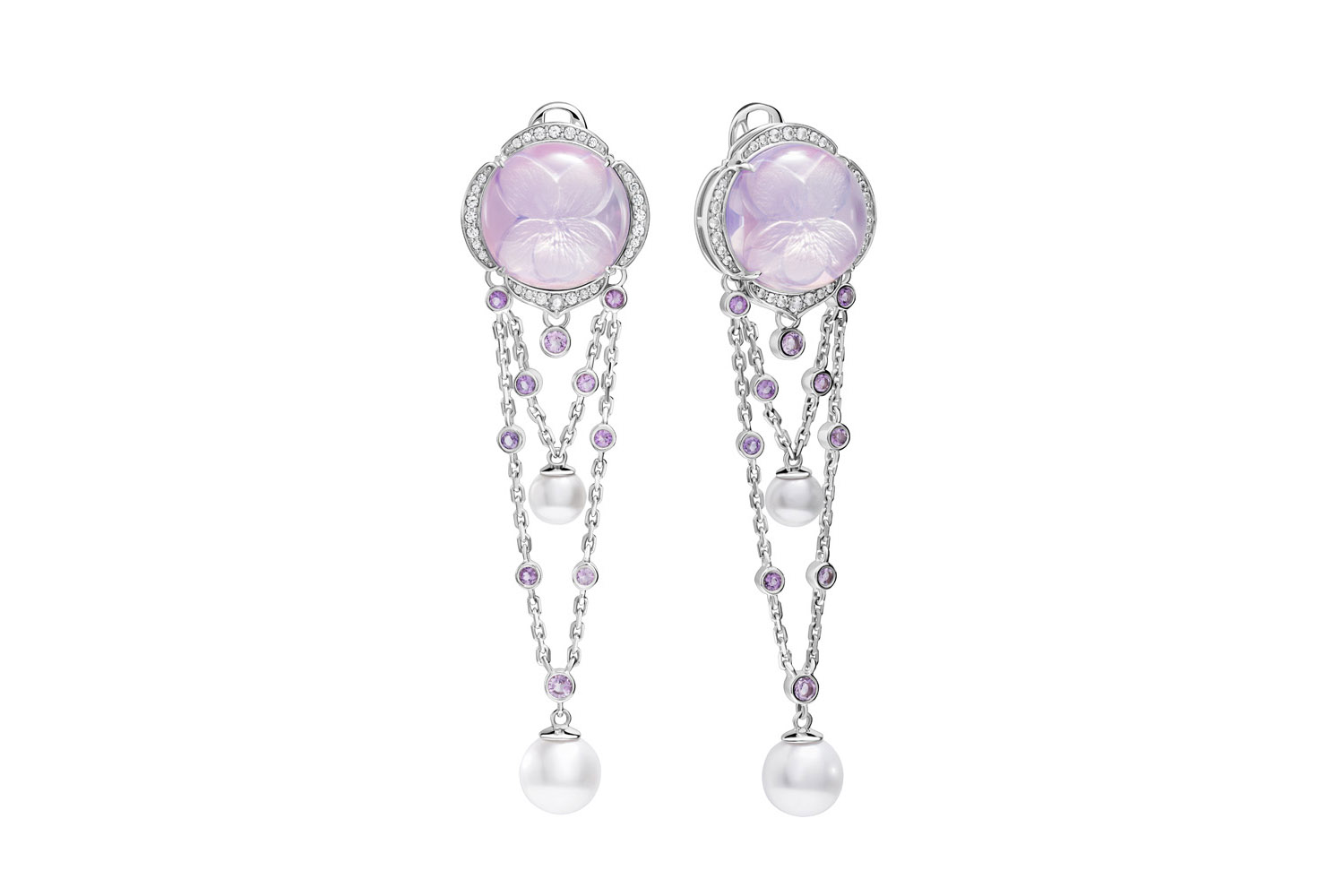  Natasha Libelle earrings from the Parma Violets collection with carved quartz, pearls and diamonds