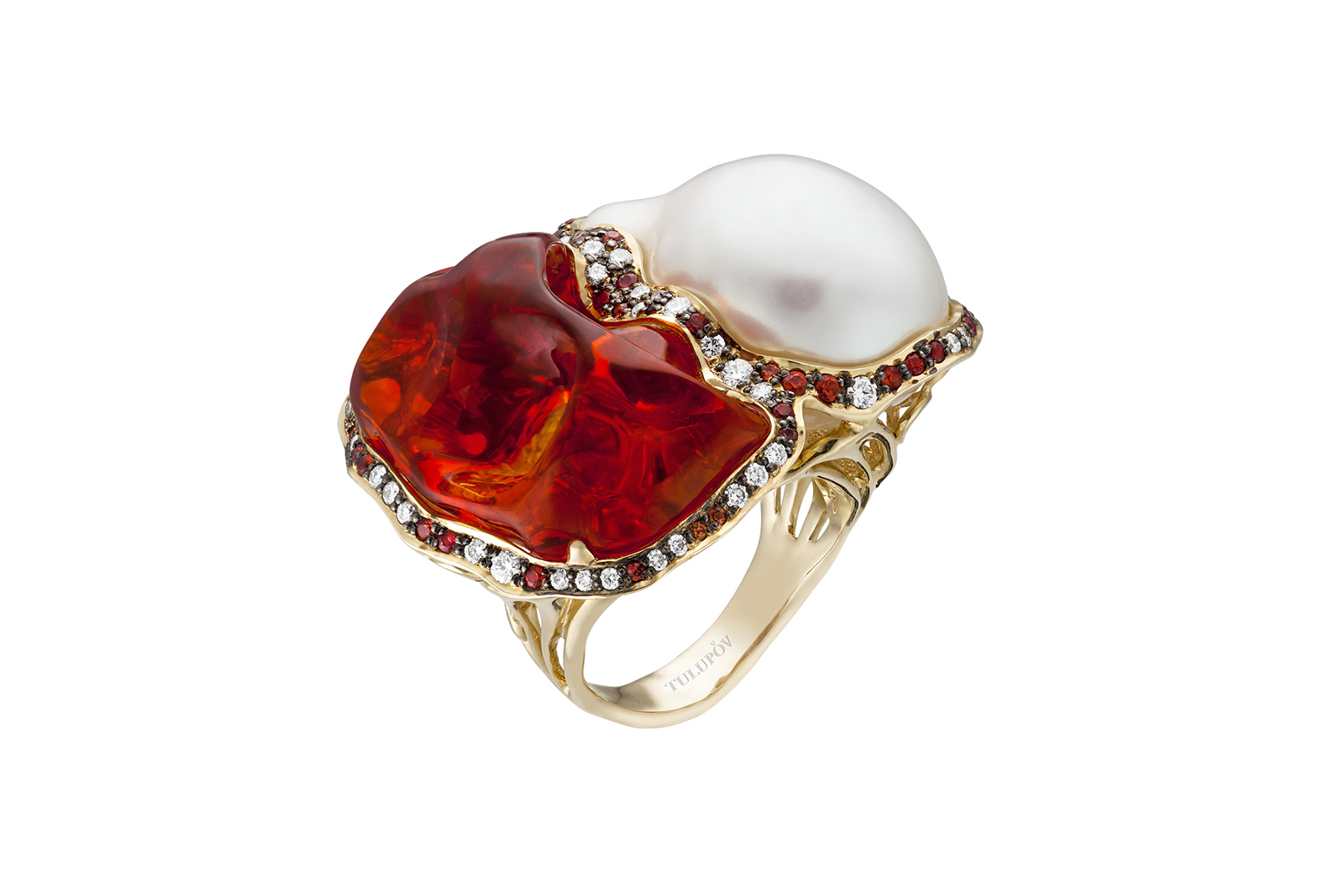  Tulupov Jewelry Fire Barocco ring with Mexican opal, baroque pearls, orange sapphires and diamonds in gold