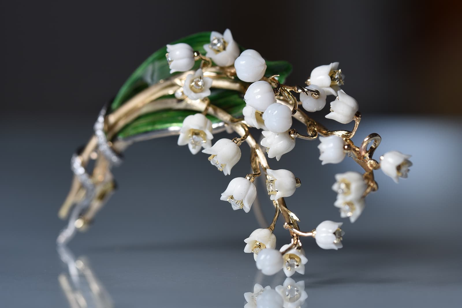  Lilies of the Valley brooch by Ekaterina Kostrigina with enamel and carved flowers