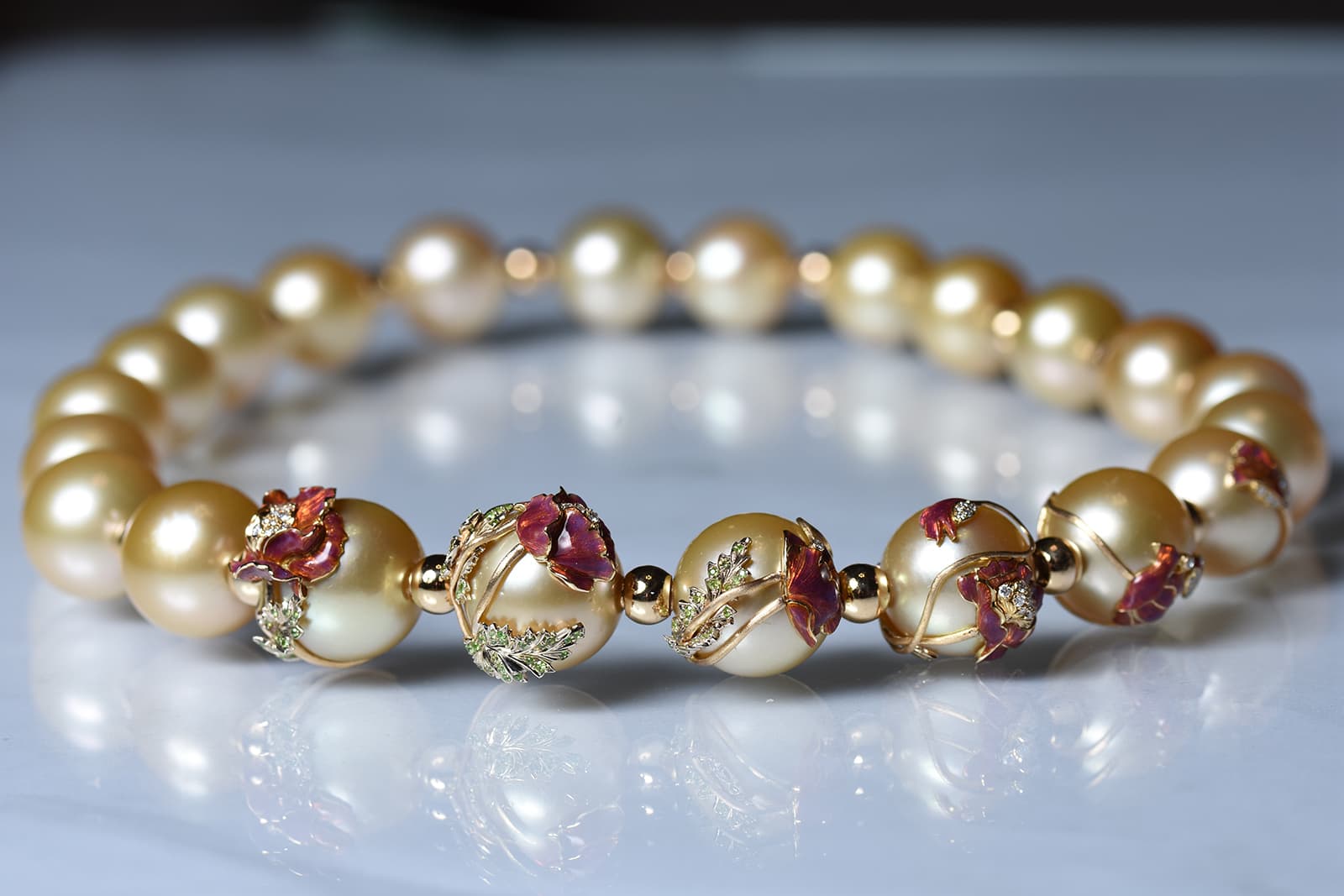 Ekaterina Kostrigina necklace with Golden South Sea pearls and enamel