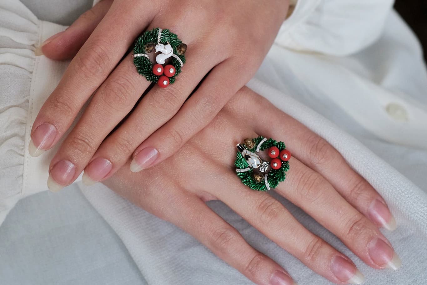  Marvellous Winter Forest rings in gold with diamonds, corals, enamel and ceramics by Kabarovsky