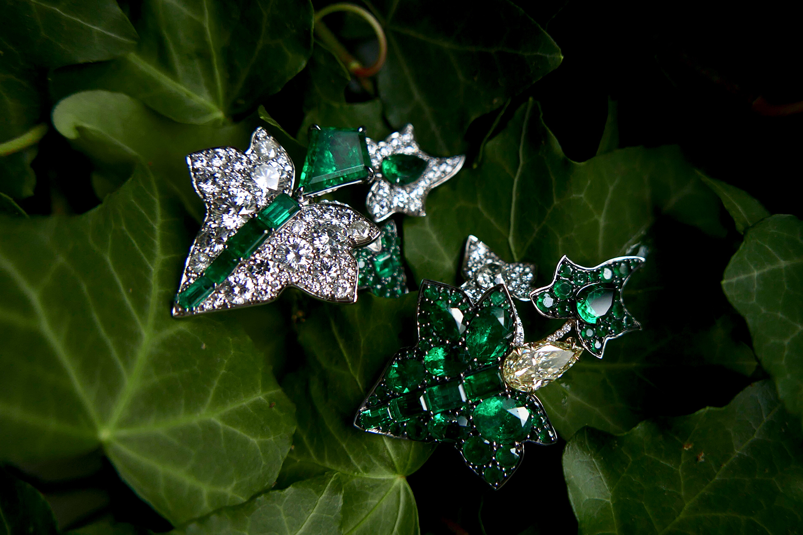 Ninotchka Ivy earrings with emeralds, yellow and colorless diamonds