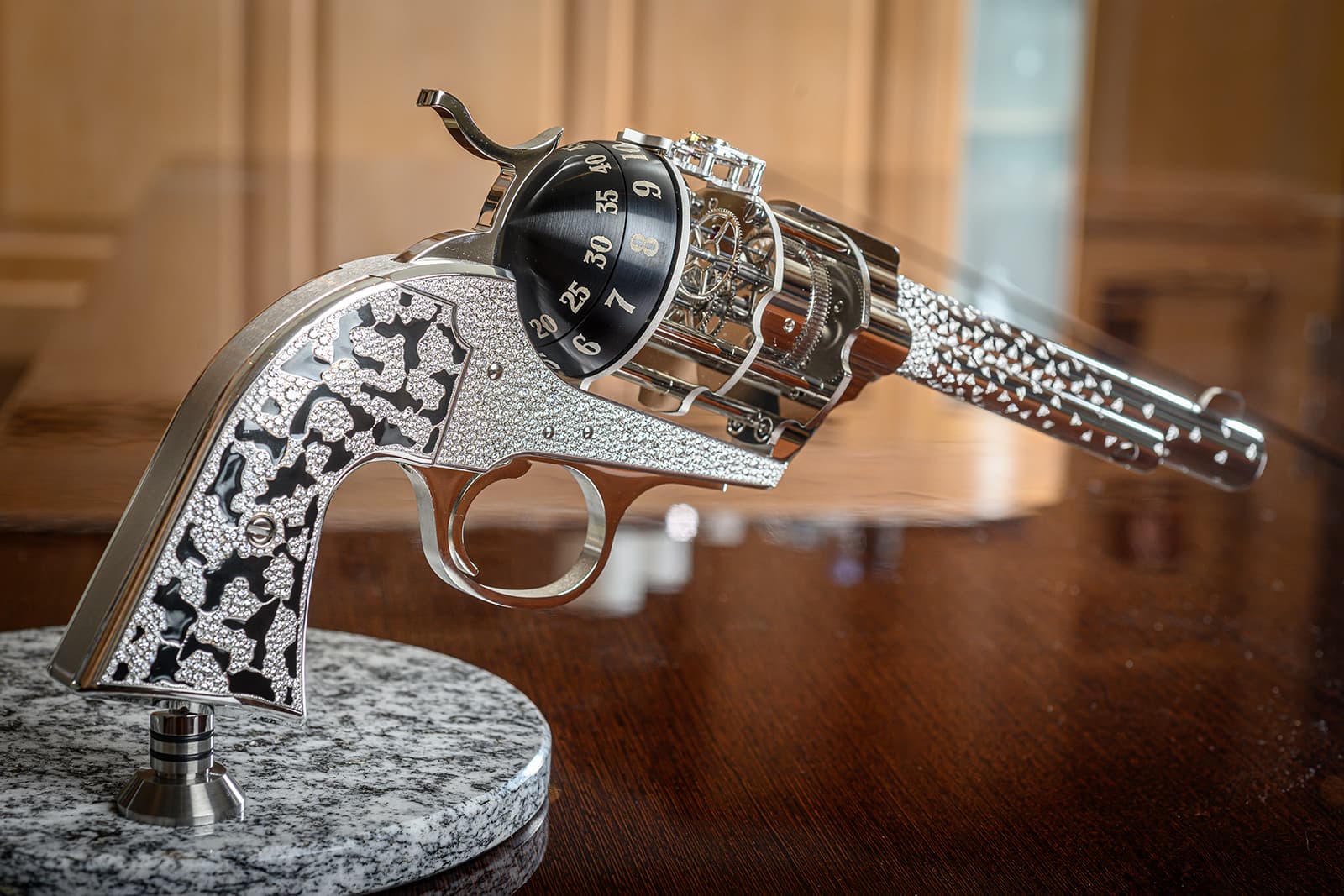 'The Diamond' is a revolver-shaped table clock that symbolises the preciousness of every moment