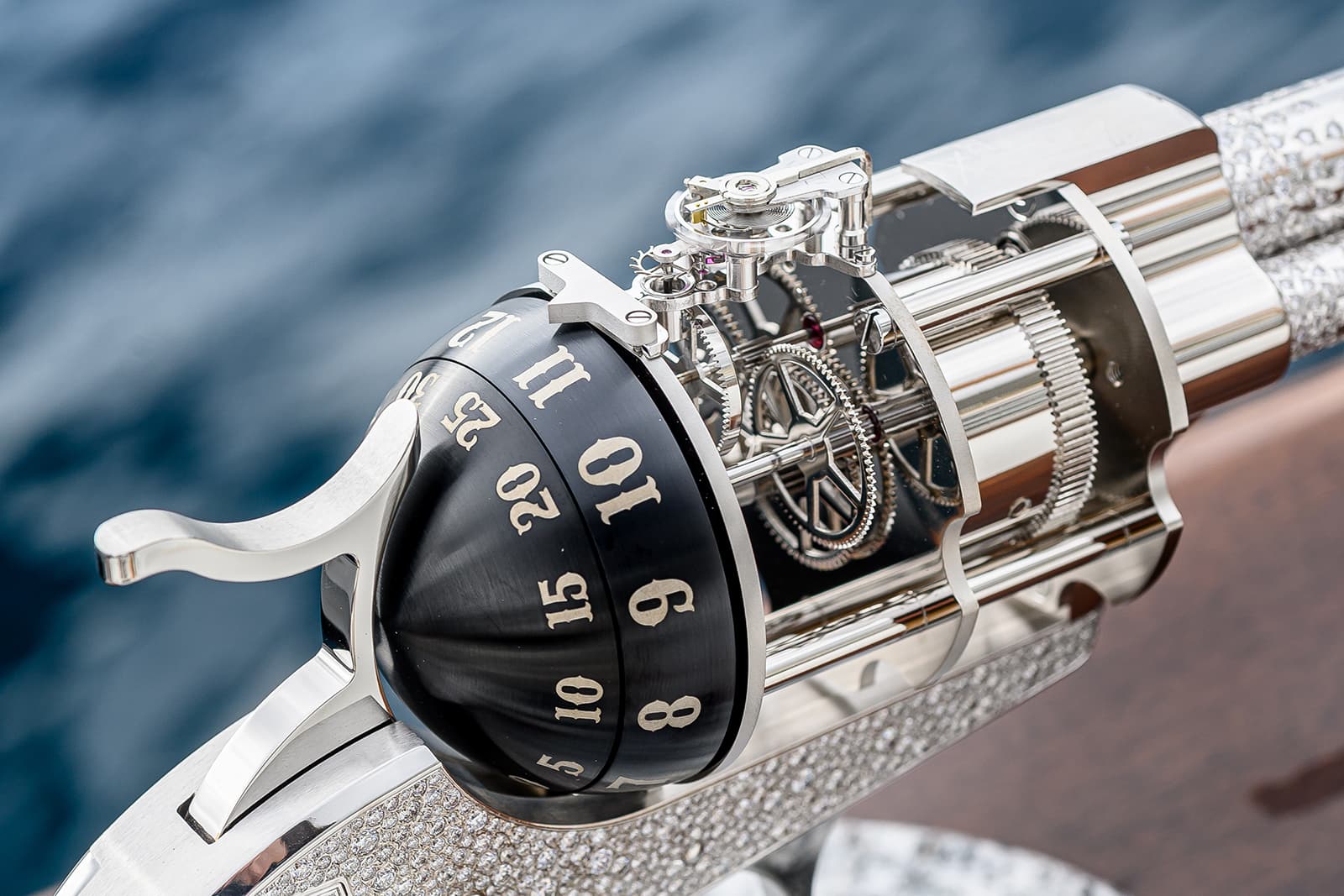 Swiss clockmaker L’Épée created the unique movement for 'The Diamond' revolver table clock