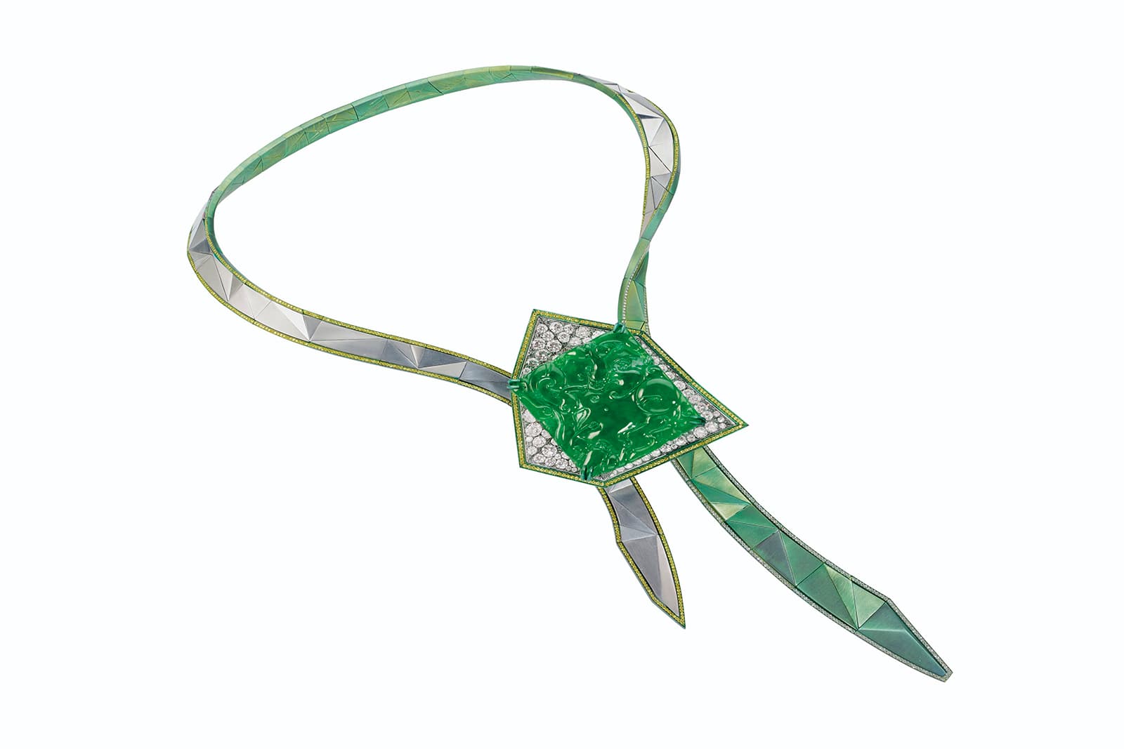  The Sky Tower necklace by Anna Hu is crafted in white gold and titanium with round brilliant cut diamonds and fancy intense yellow diamonds