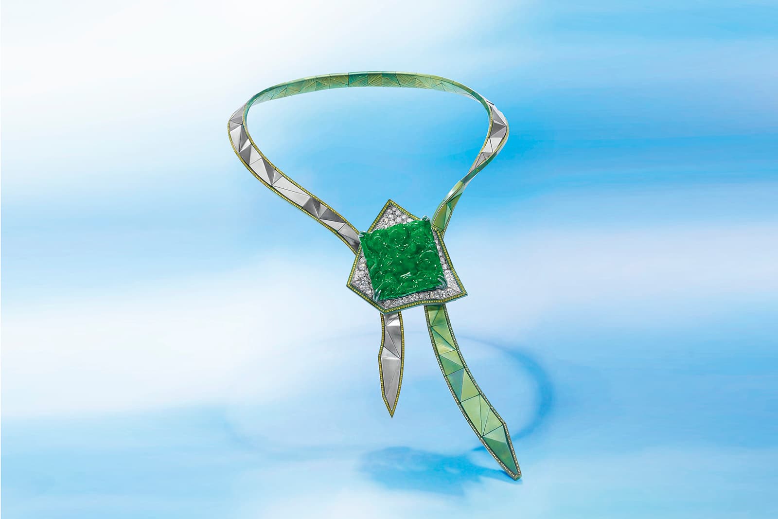 The jadeite, diamond and coloured diamond 'Sky Tower' necklace by Anna Hu