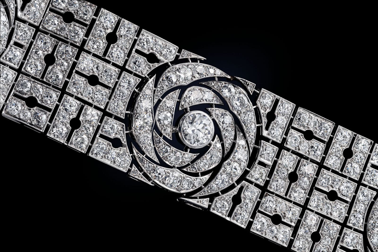  A closer look at the decorative details on a Boucheron Art Deco diamond bracelet, sold by Christie's