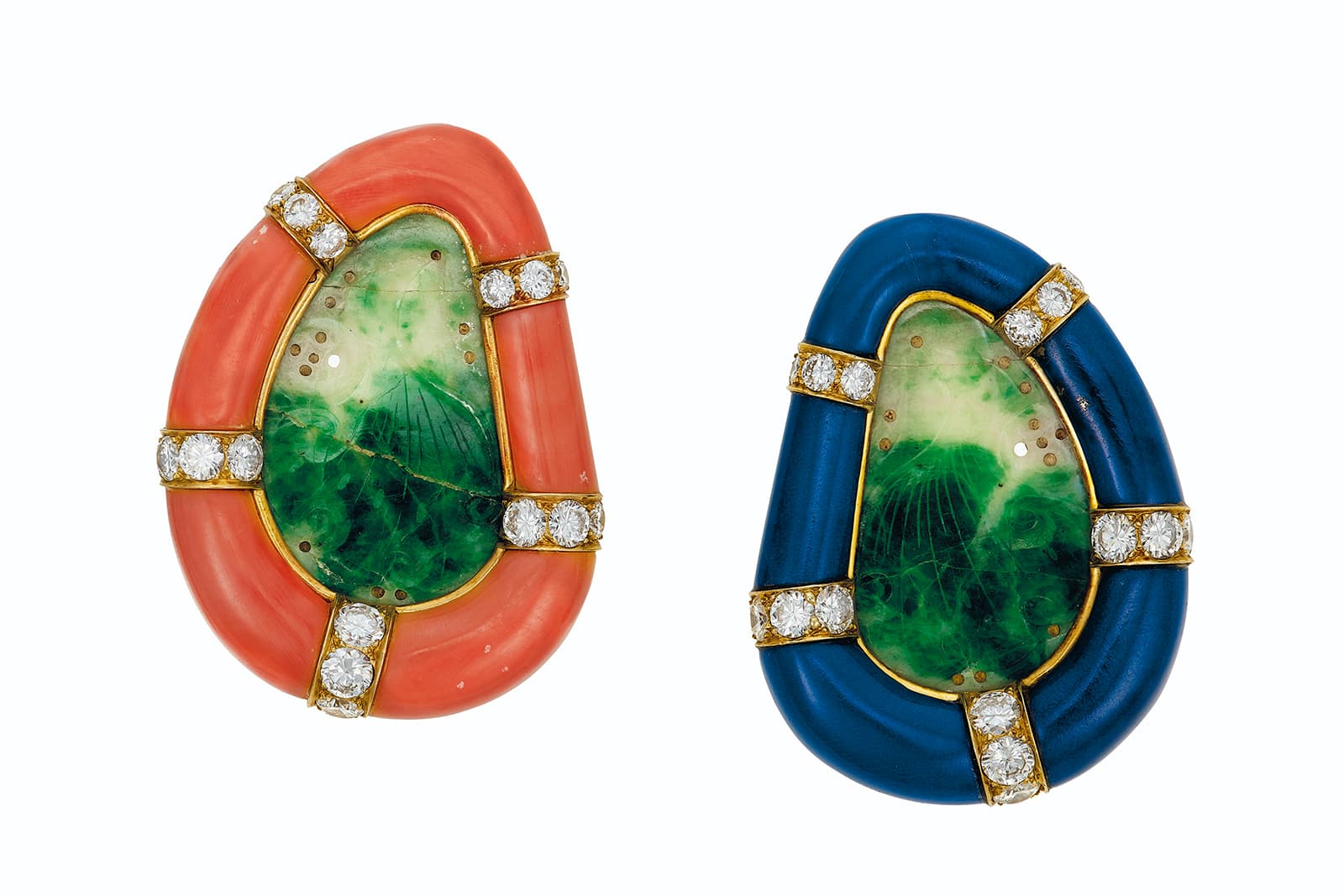  Carved jade, coral, lapis lazuli and diamond earrings by JAR, sold by Christie’s for USD $100,000