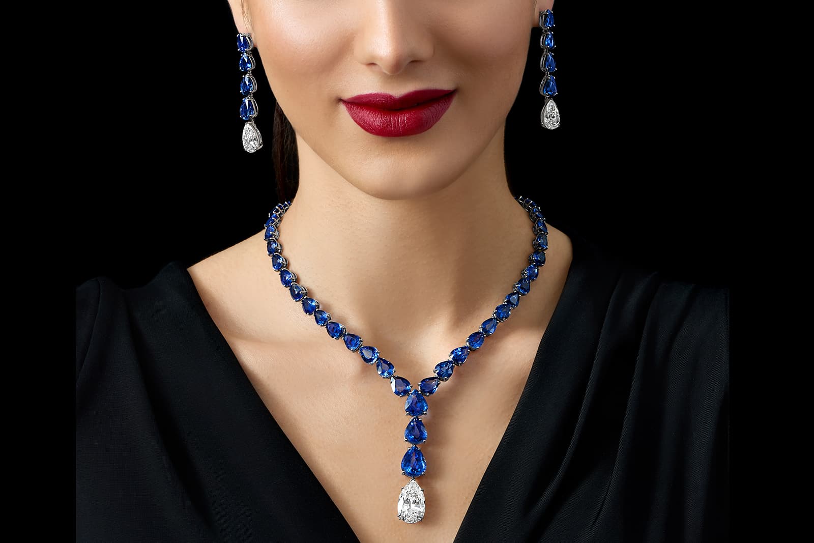 Jahan Jewellery sapphire and diamond lariat necklace with matching earrings 
