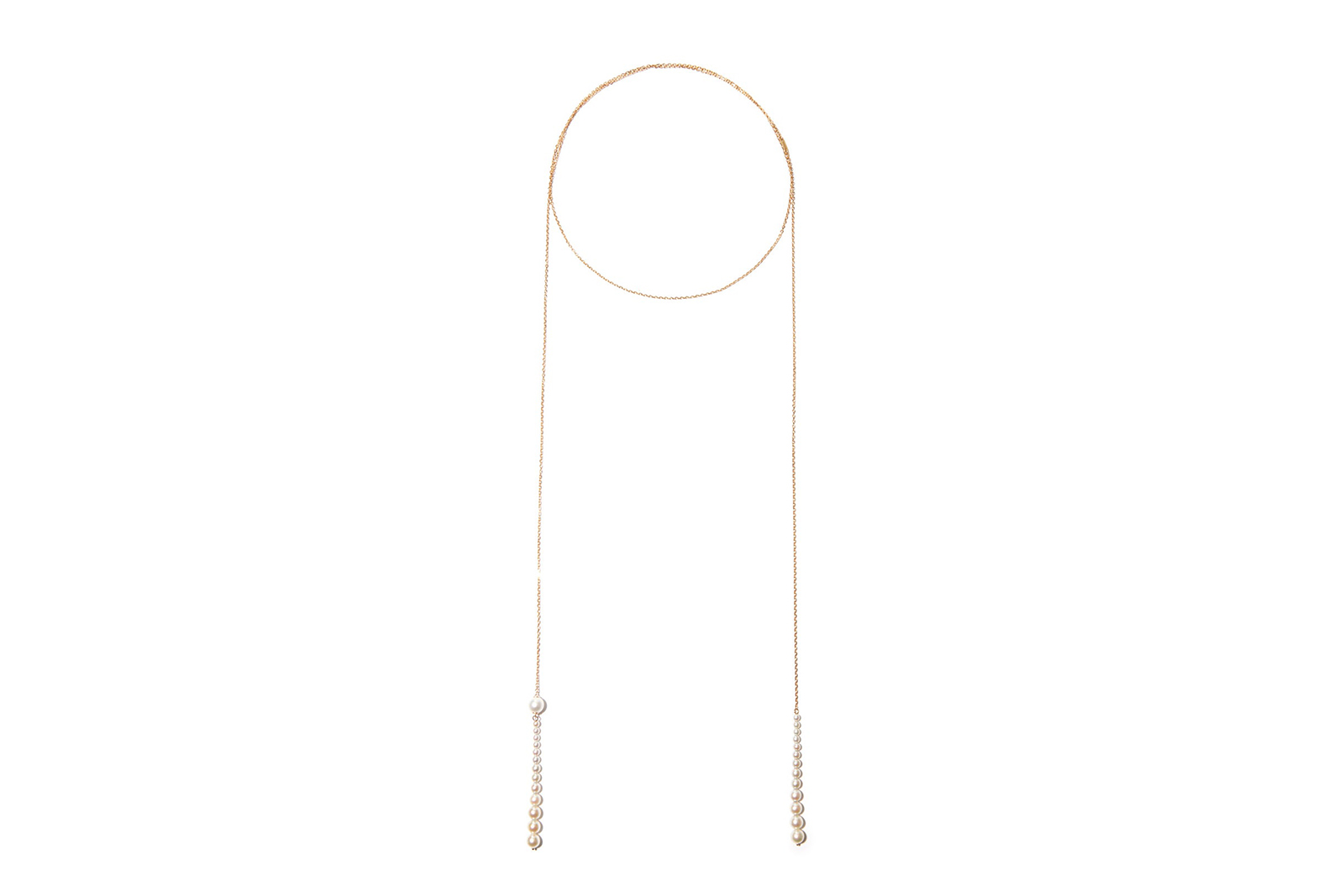  A MIZUKI lariat necklace in 14k yellow gold with golden graduated pearls to decorate each extremity