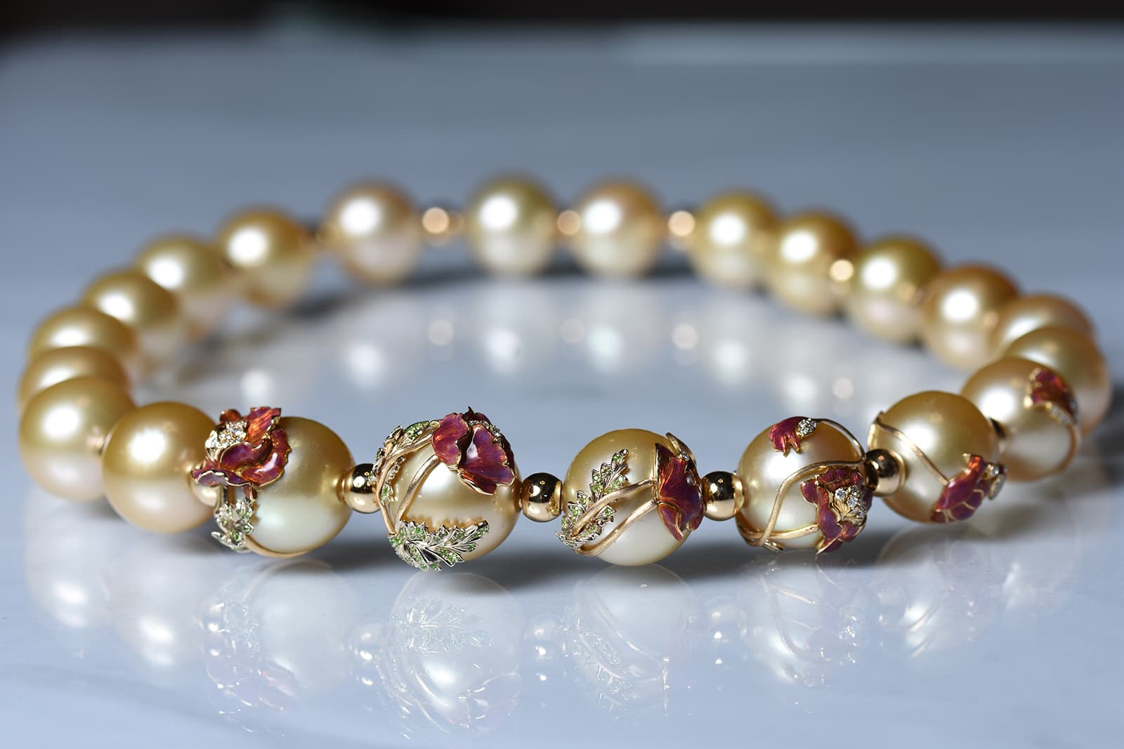 Ekaterina Kostrigina choker necklace with golden South Sea pearls and enamel