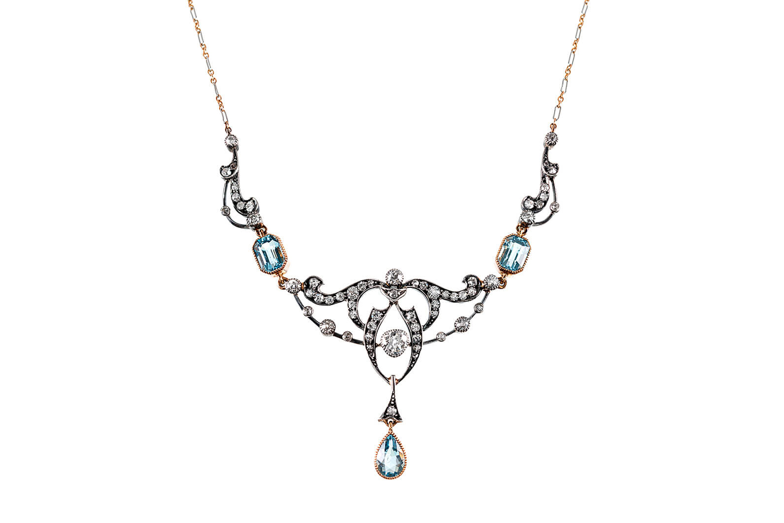  A Victorian aquamarine and diamond festoon necklace in the characteristic style 